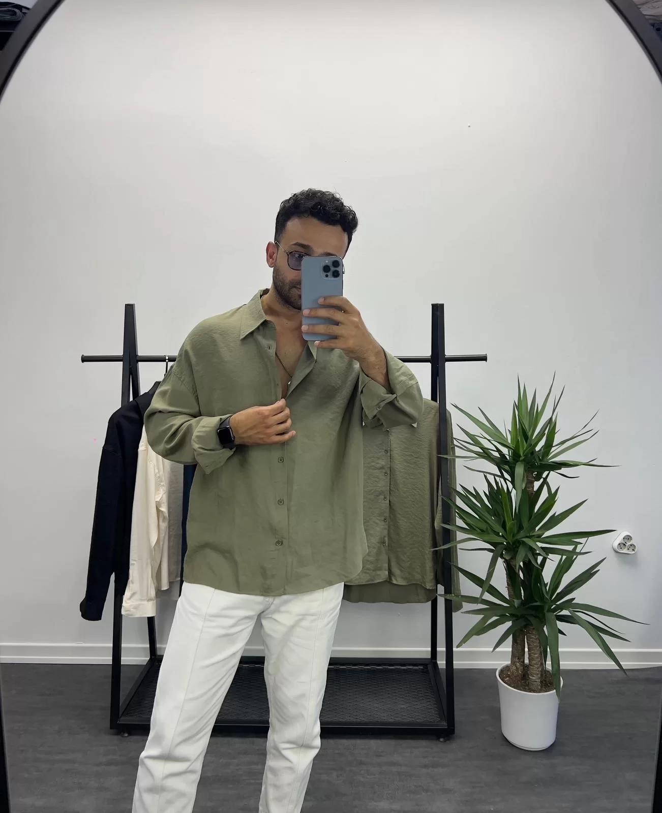 Haki Yeşil Tensel Kumaş Oversize Gömlek