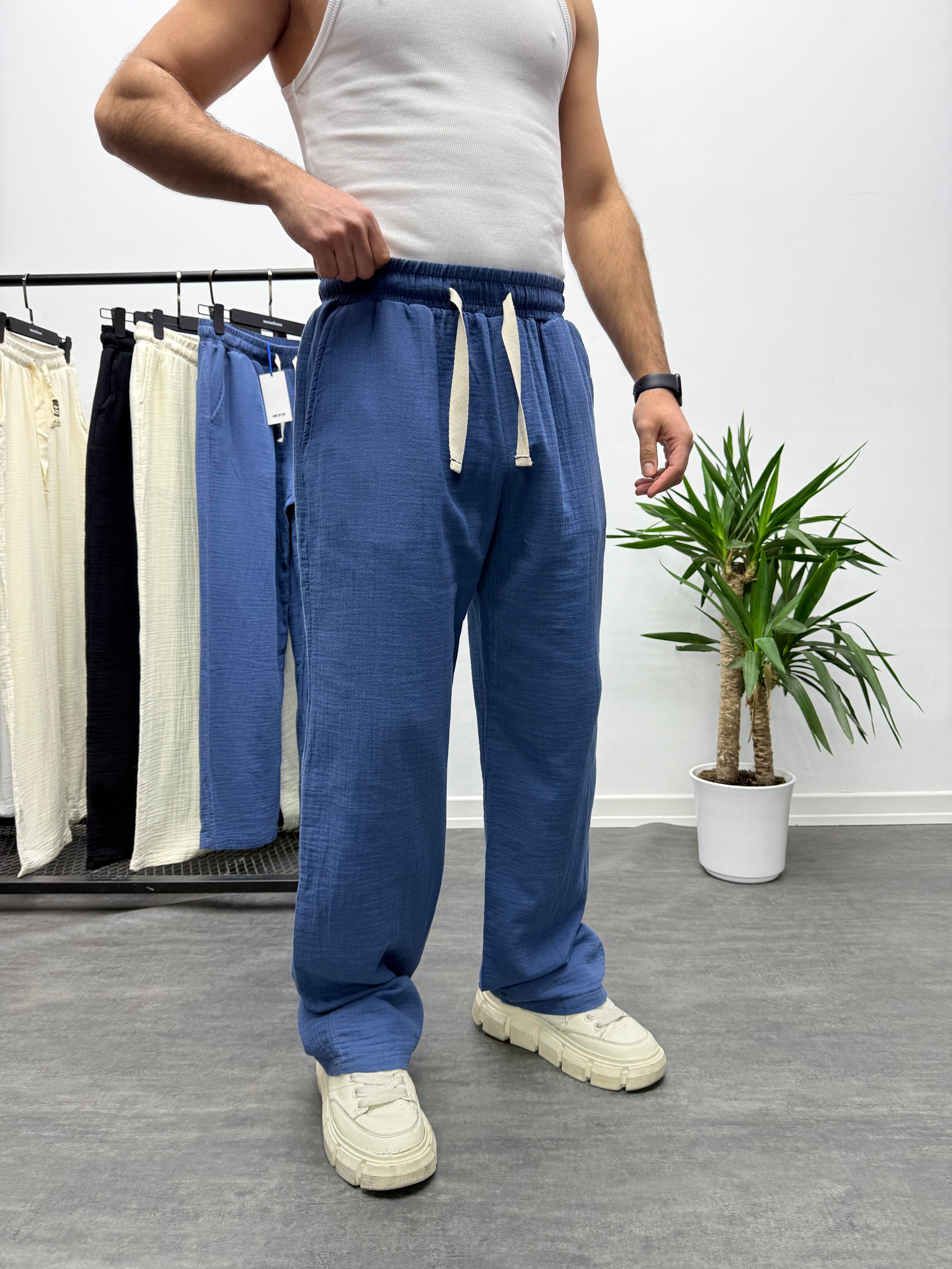 İndigo Müslin Kumaş Keten Pantolon