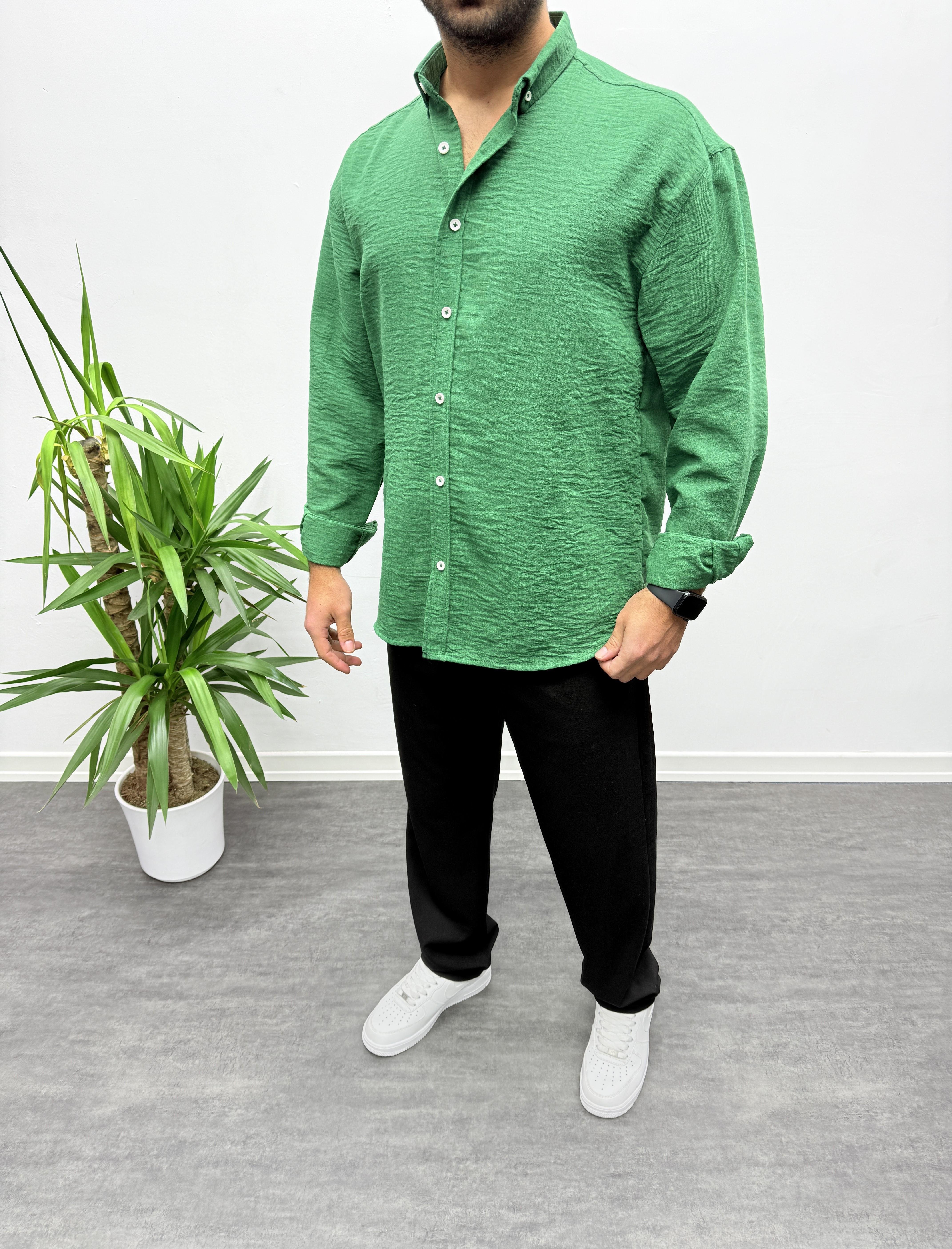 Koyu Yeşil Oversize Dokulu Gömlek