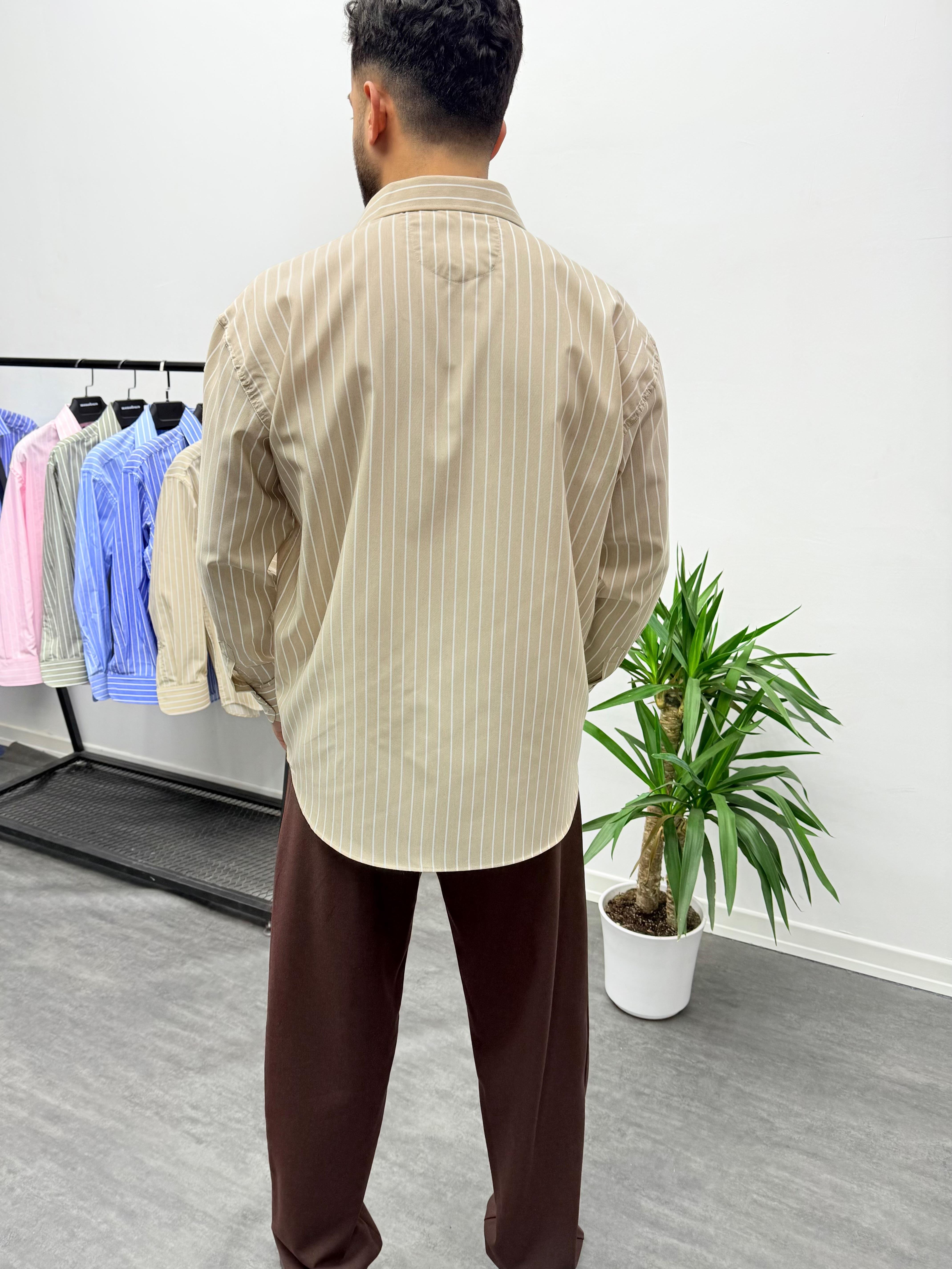 Krem Çizgi Detaylı Keten Oversize Gömlek