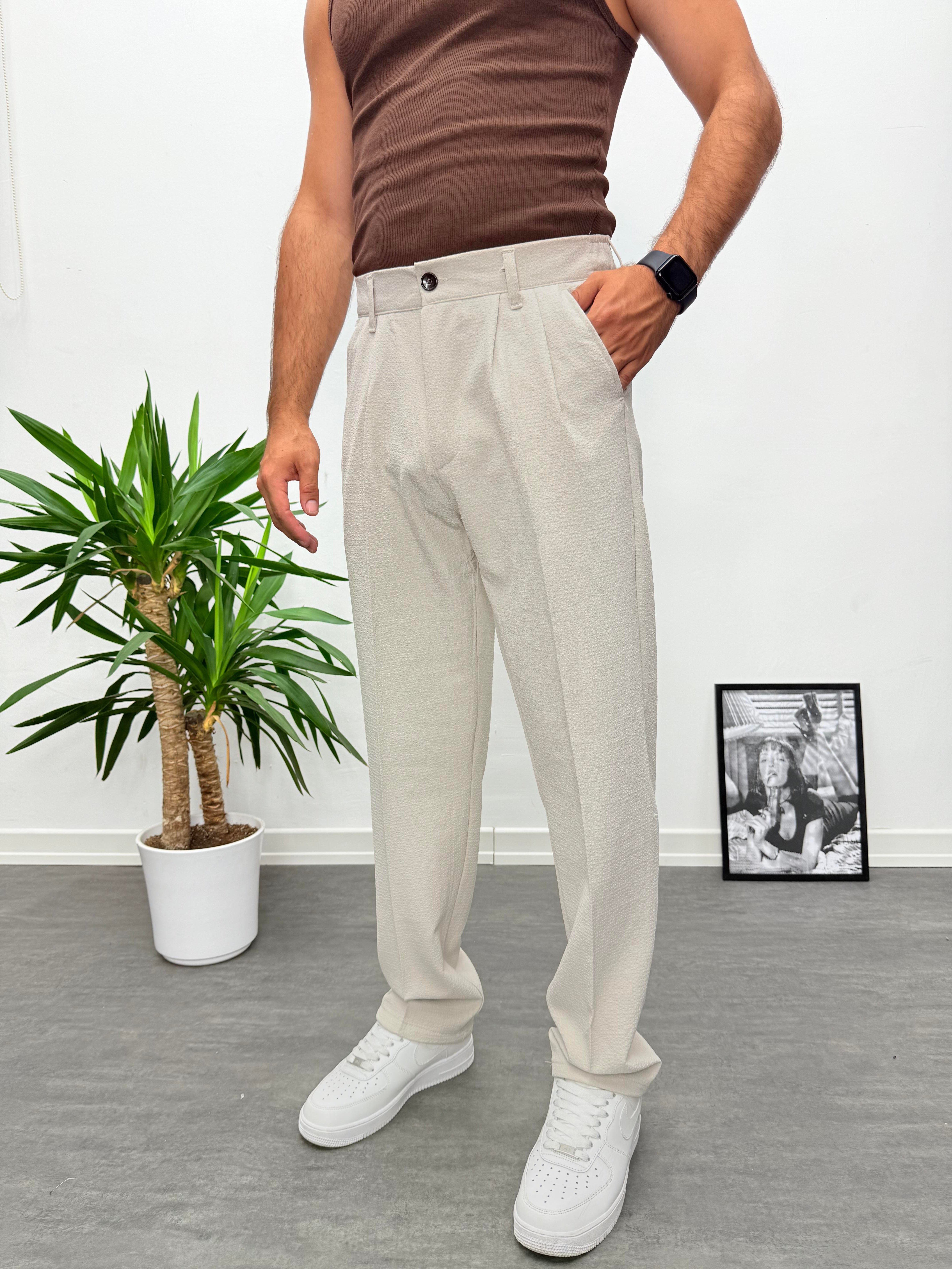 Krem Gofre Kumaş Pileli Baggy Kumaş Pantolon