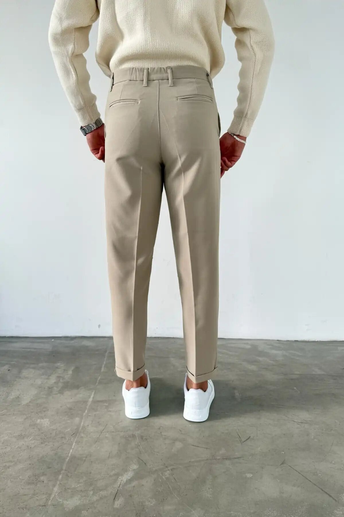 Krem Kısa Dilli Double Paça İtalyan Kesim Gabardin Kumaş Pantolon