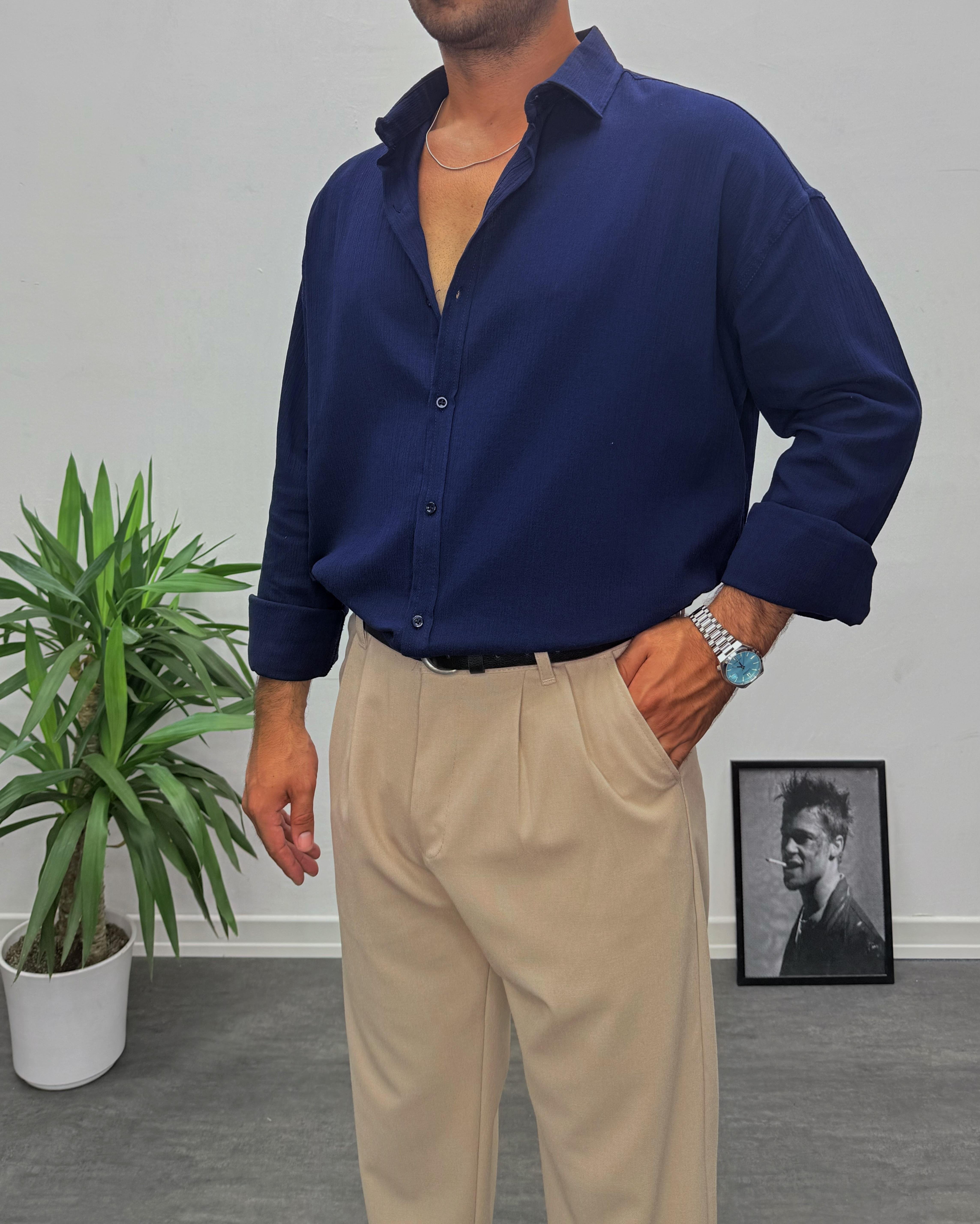 Lacivert Krinkıl Kumai Oversize Gömlek