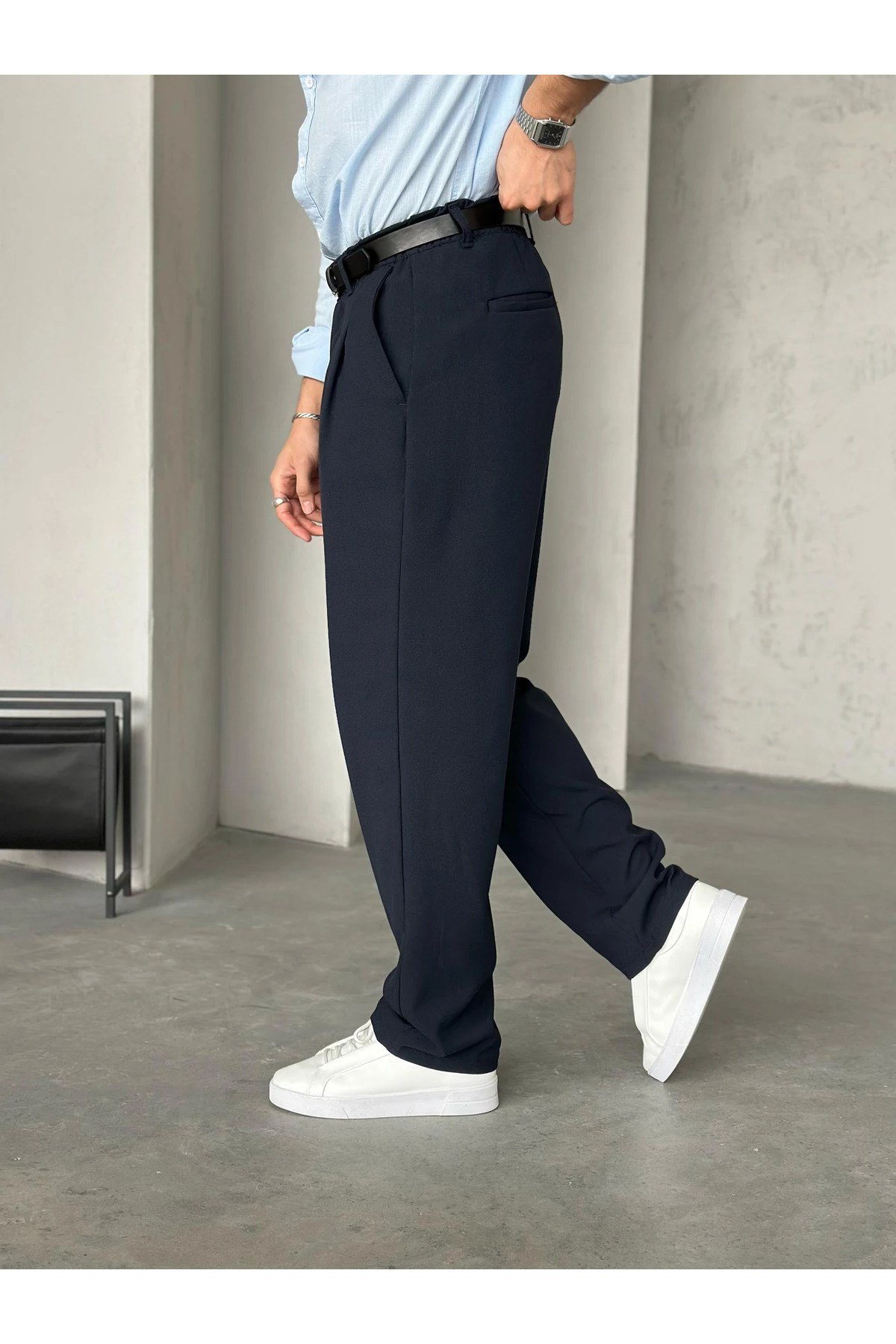 Lacivert Pileli Baggy Kumaş Pantolon