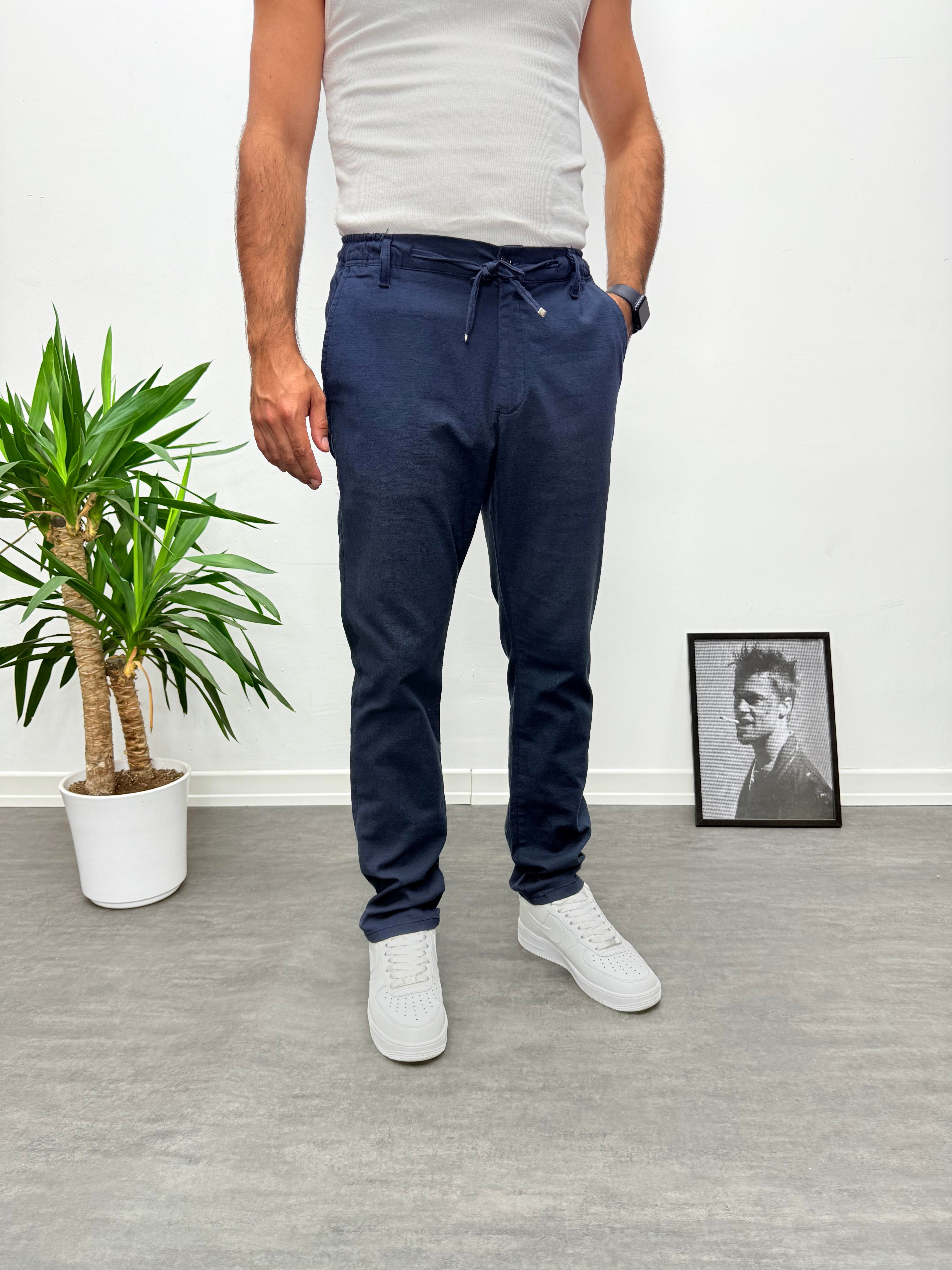 Lacivert Regular Boyfriend Kalıp Keten Pantolon