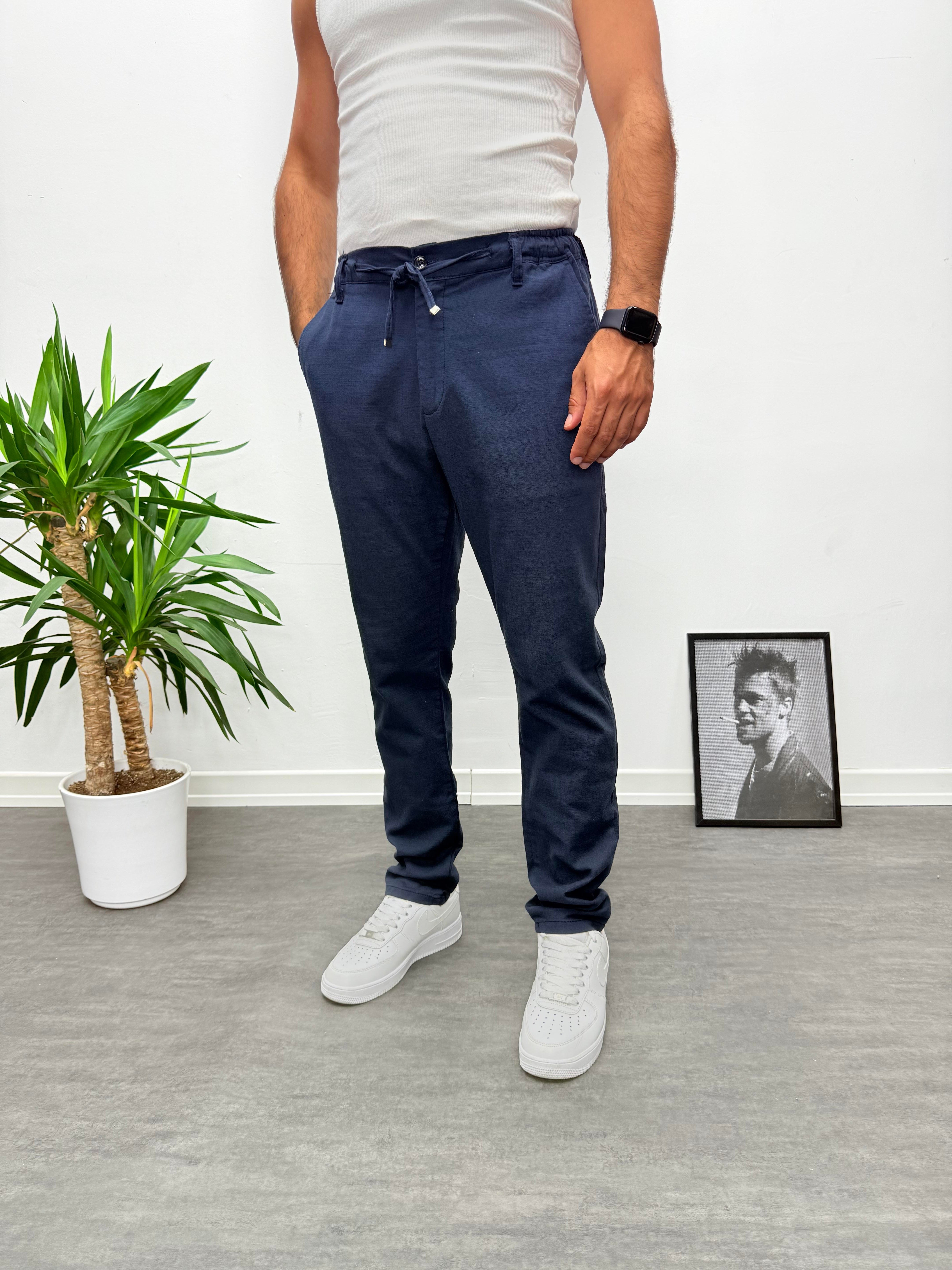 Lacivert Regular Boyfriend Kalıp Keten Pantolon