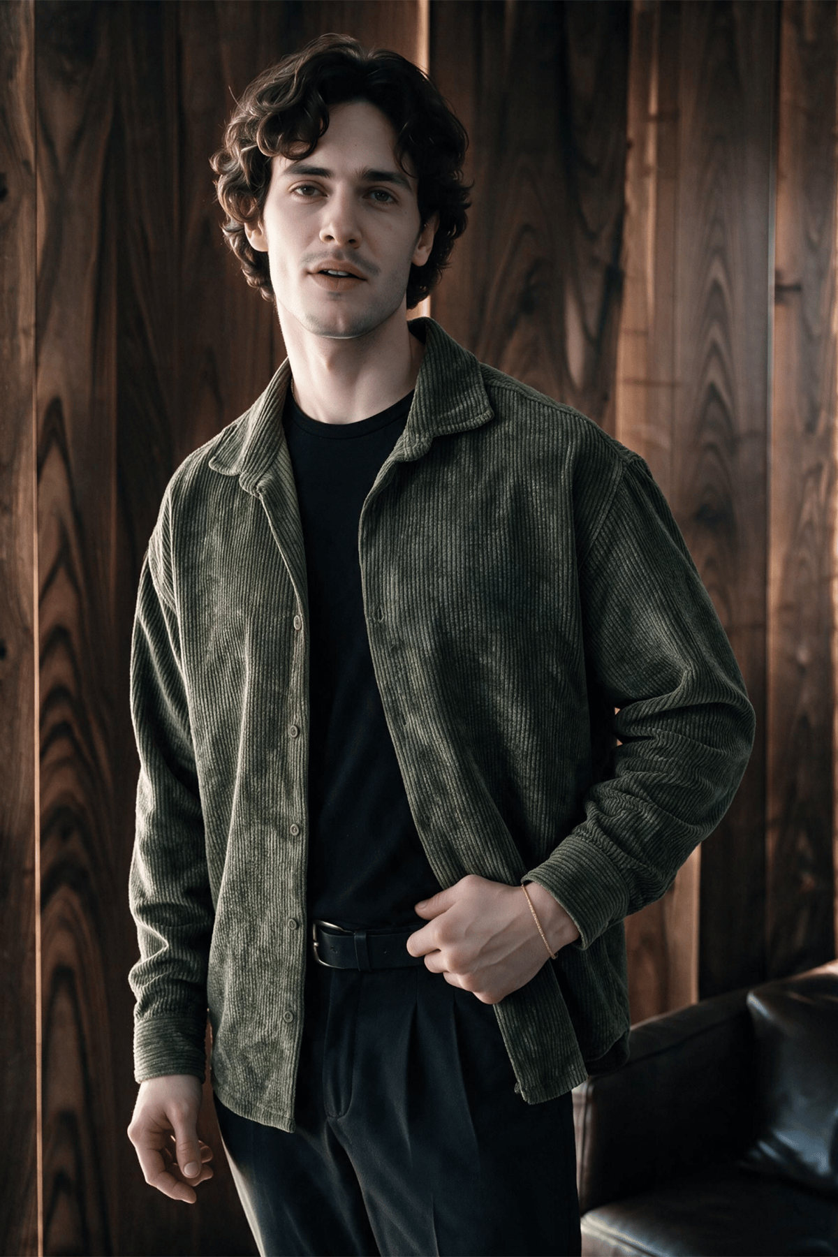 Maren Erkek Premium Kalite Oversize Kadife Uzun Kollu Gömlek Ceket Haki