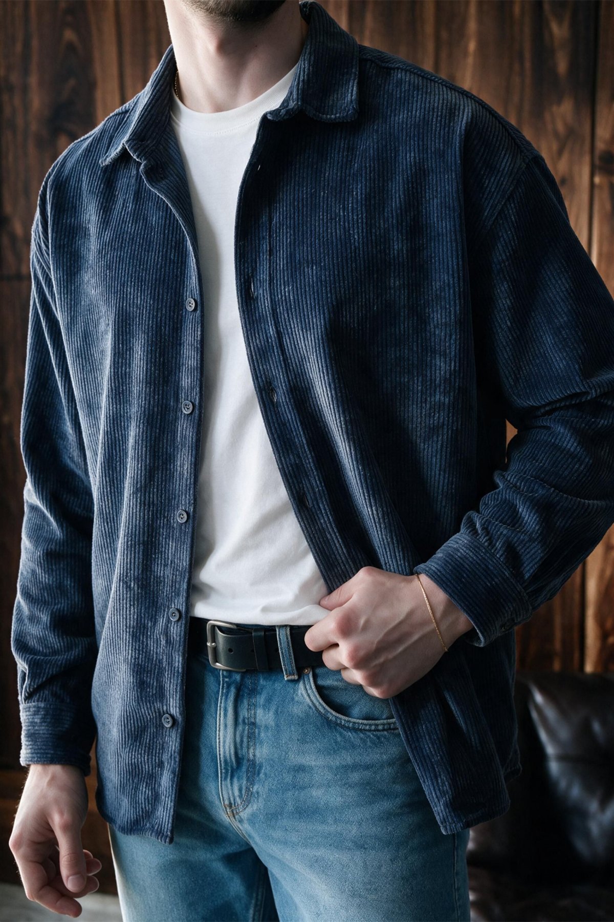 Maren Erkek Premium Kalite Oversize Kadife Uzun Kollu Gömlek Ceket Lacivert