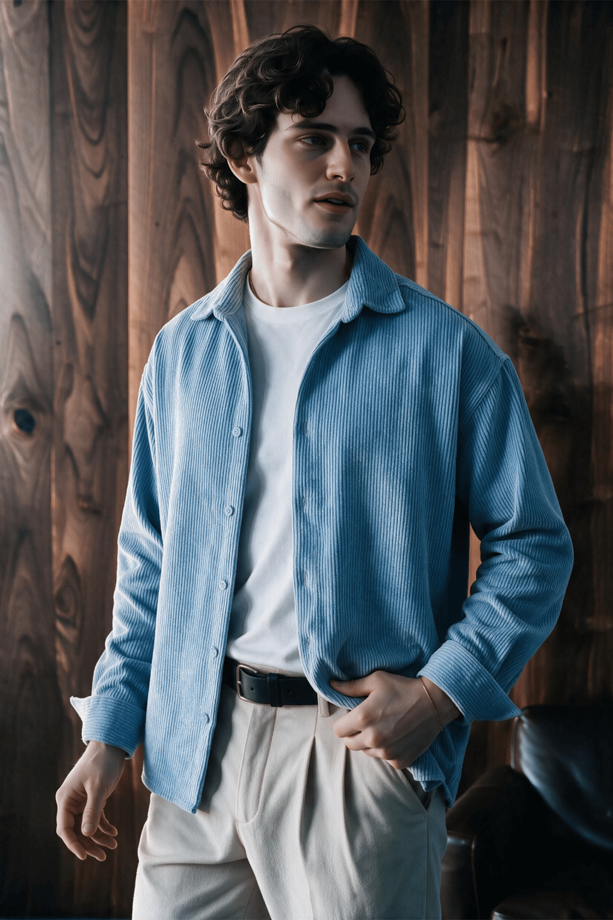 Maren Erkek Premium Kalite Oversize Kadife Uzun Kollu Gömlek Ceket Açık Mavi
