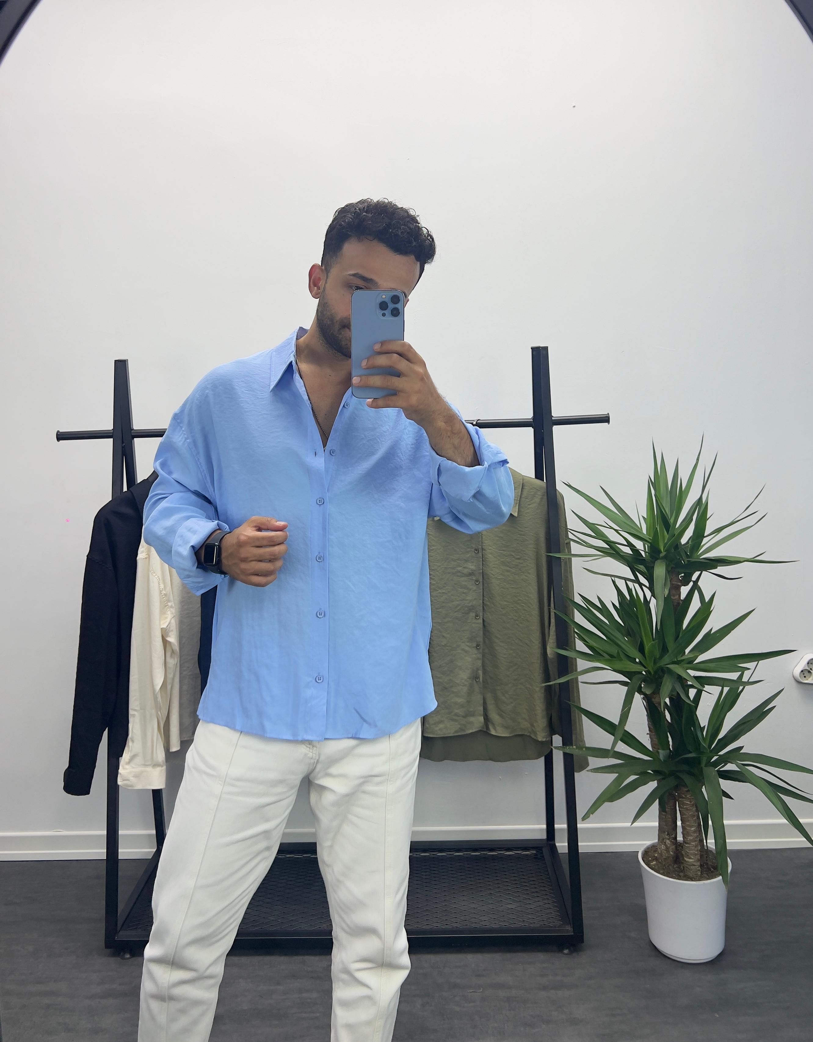 Mavi Tensel Kumaş Oversize Gömlek