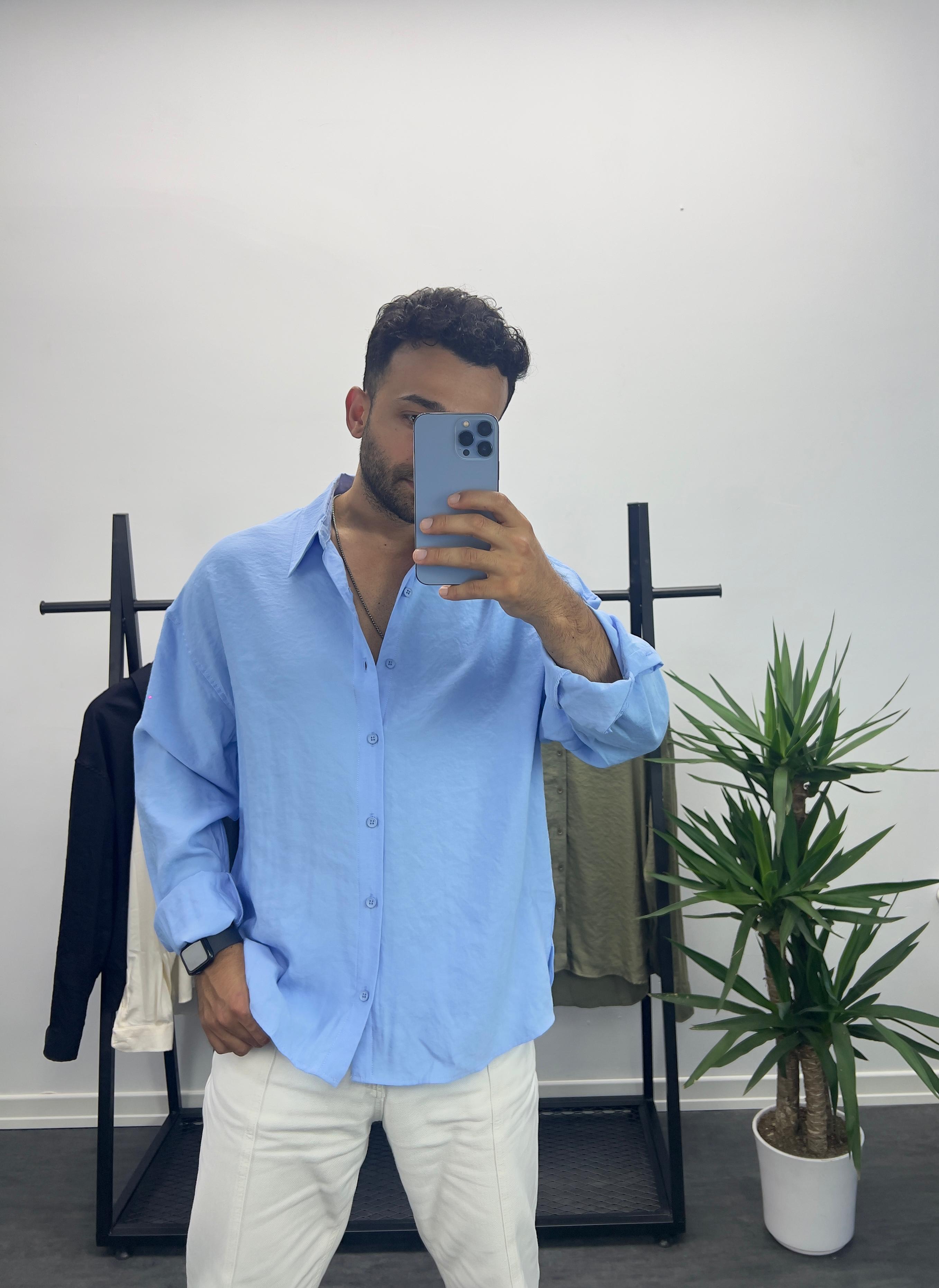 Mavi Tensel Kumaş Oversize Gömlek