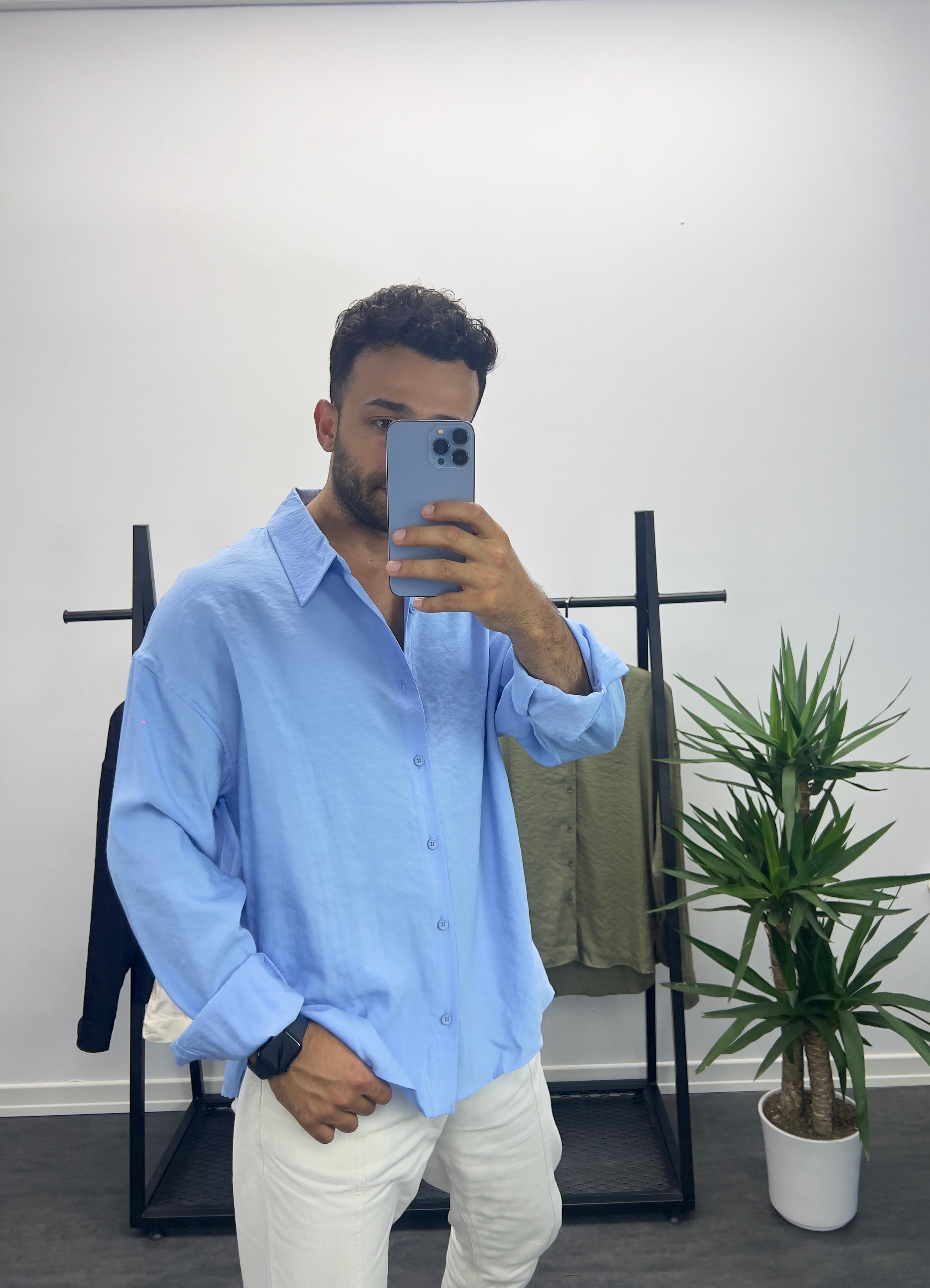 Mavi Tensel Kumaş Oversize Gömlek
