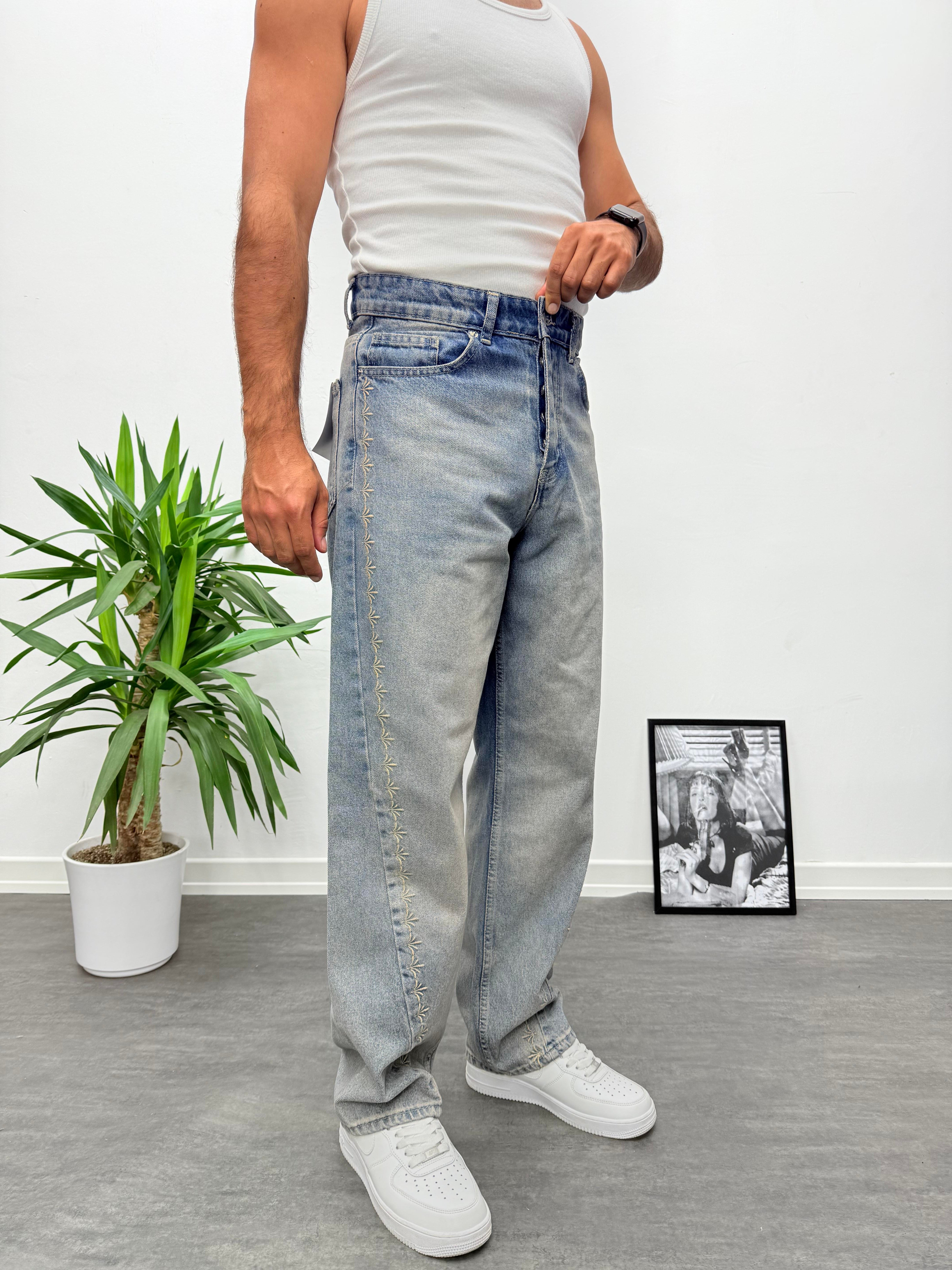 Nakış Detaylı Mavi Baggy Jean