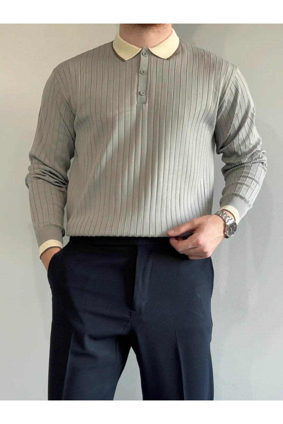 Old Money Premium Uzun Kollu Erkek Triko Kazak Gri