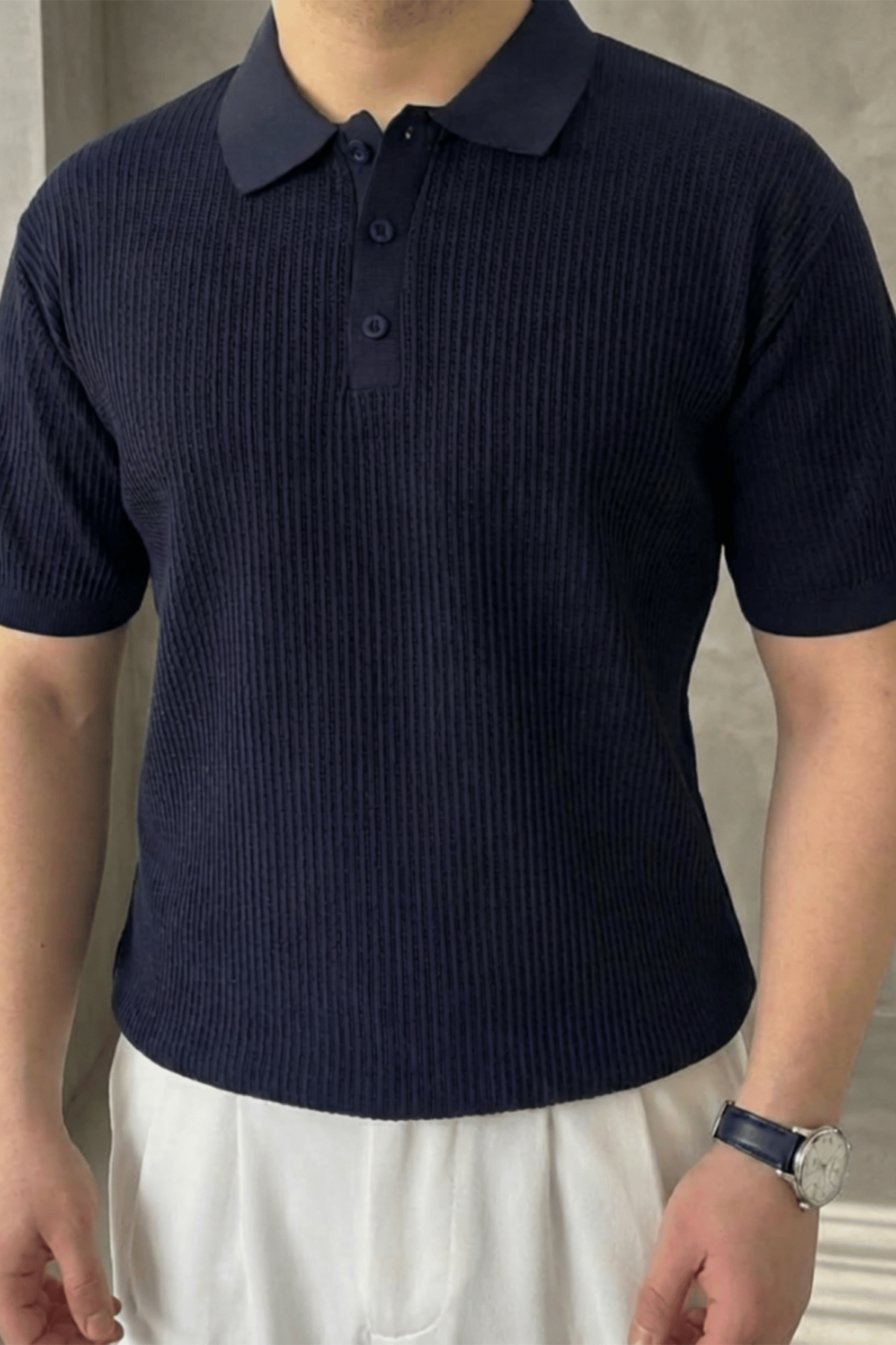 Örgü Detaylı Düğmeli Polo Yaka Triko T-Shirt Lacivert