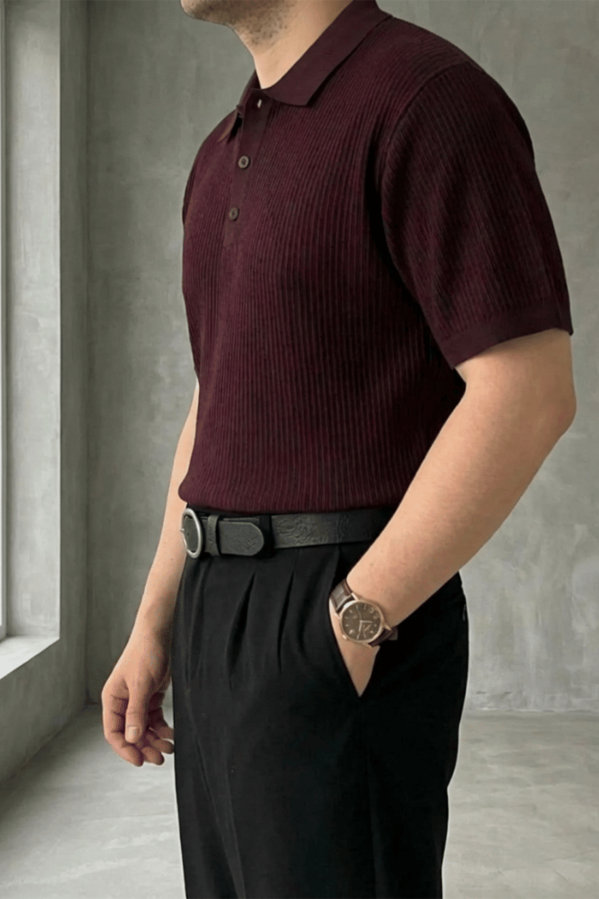 Örgü Detaylı Düğmeli Polo Yaka Triko T-Shirt Bordo