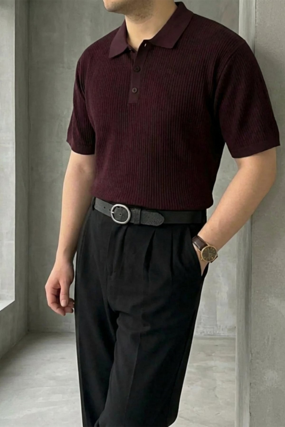 Örgü Detaylı Düğmeli Polo Yaka Triko T-Shirt Bordo