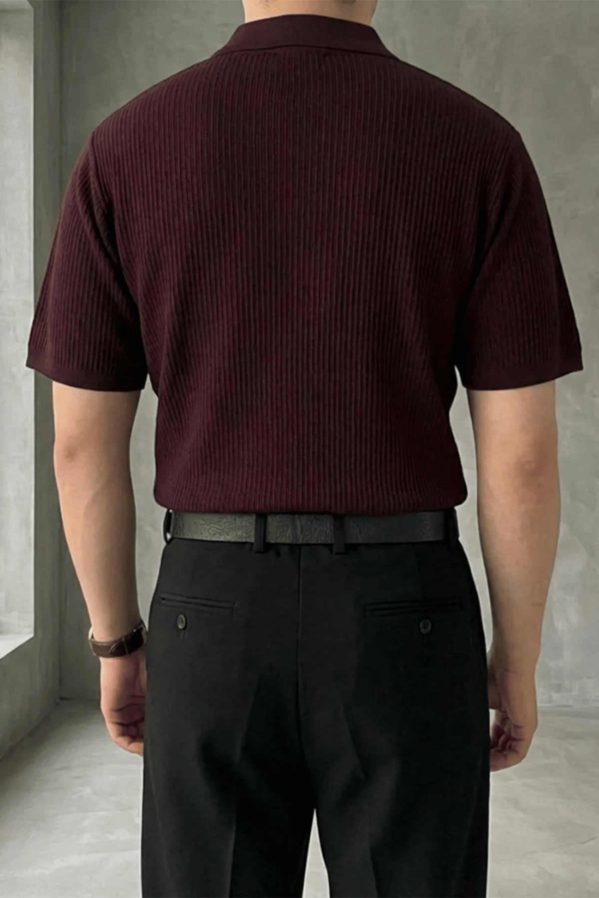 Örgü Detaylı Düğmeli Polo Yaka Triko T-Shirt Bordo
