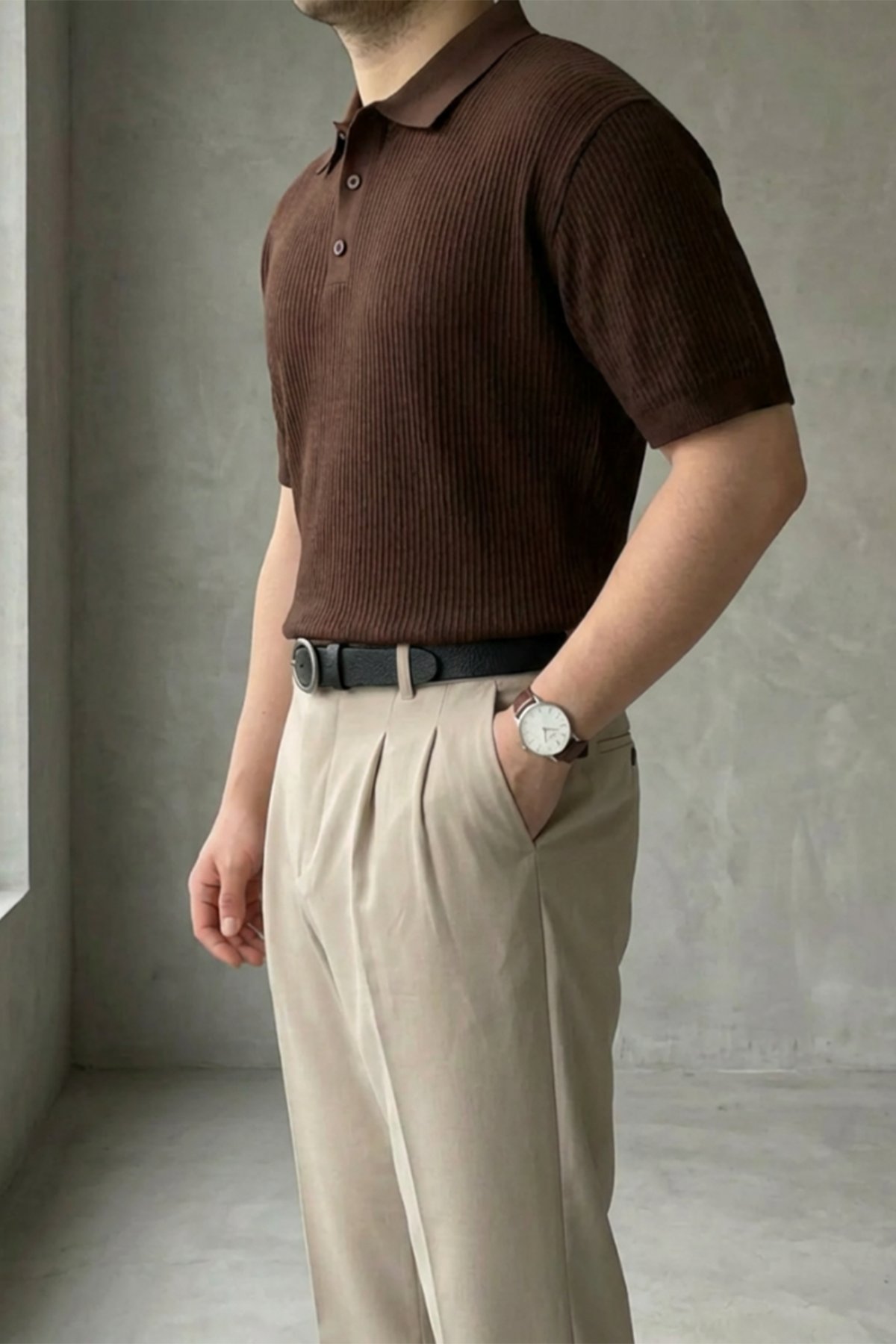 Örgü Detaylı Düğmeli Polo Yaka Triko T-Shirt Acı Kahve