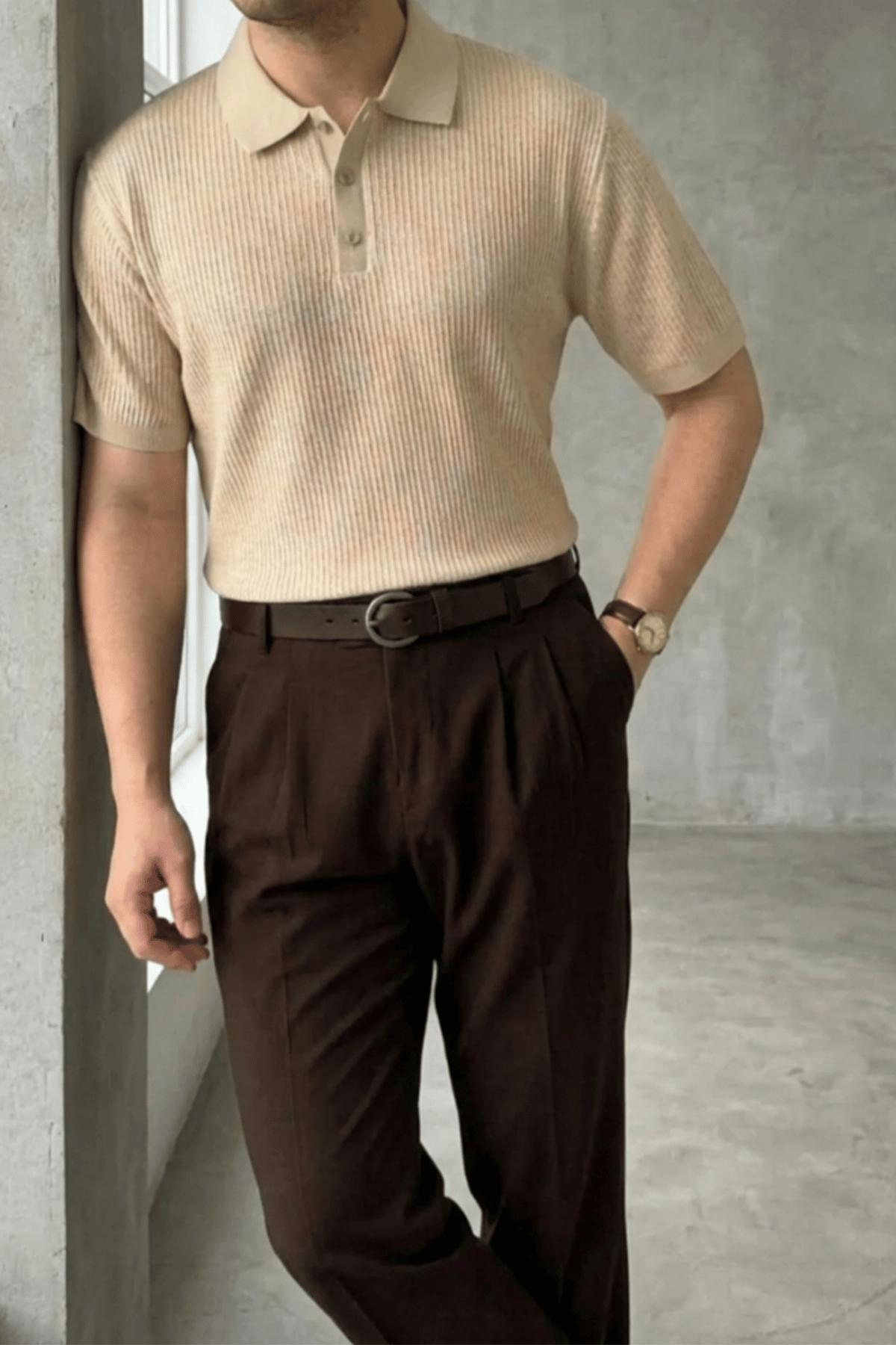 Örgü Detaylı Düğmeli Polo Yaka Triko T-Shirt Bej