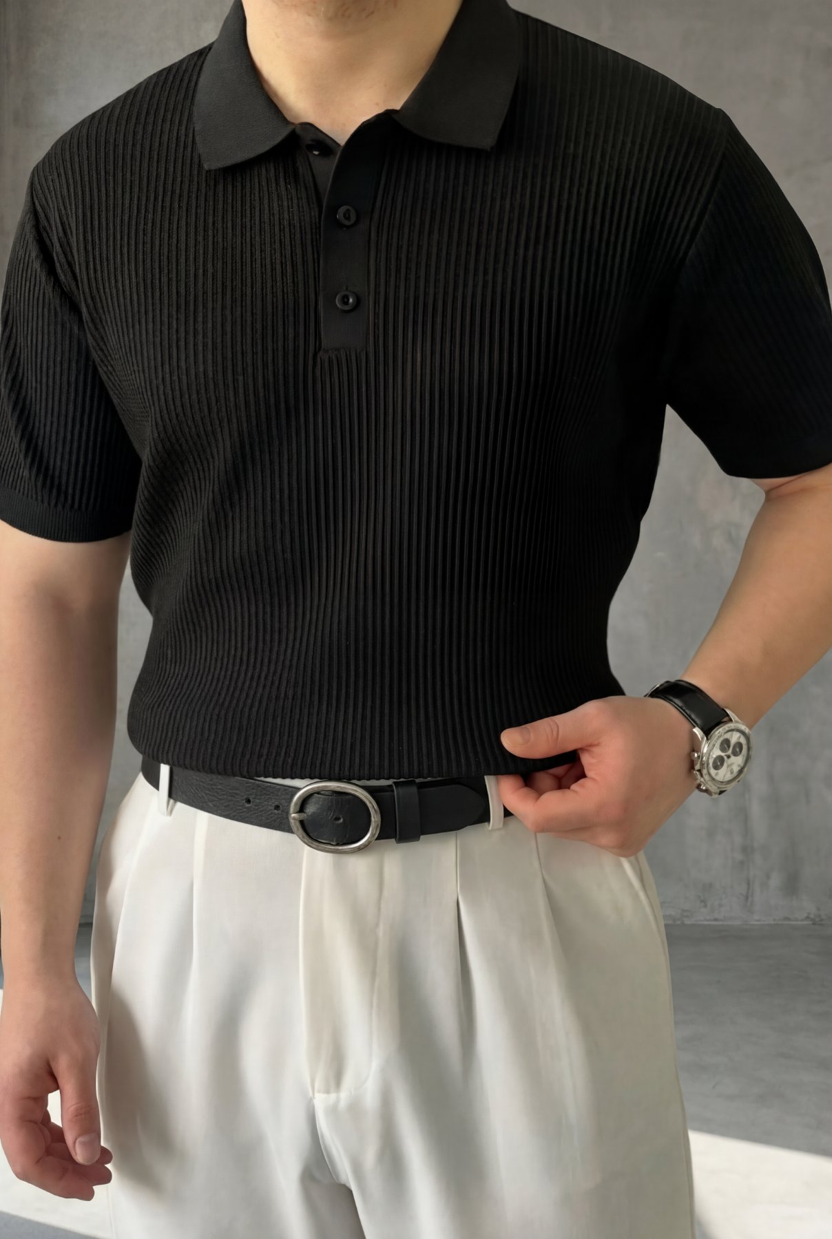 Örgü Detaylı Düğmeli Polo Yaka Triko T-Shirt