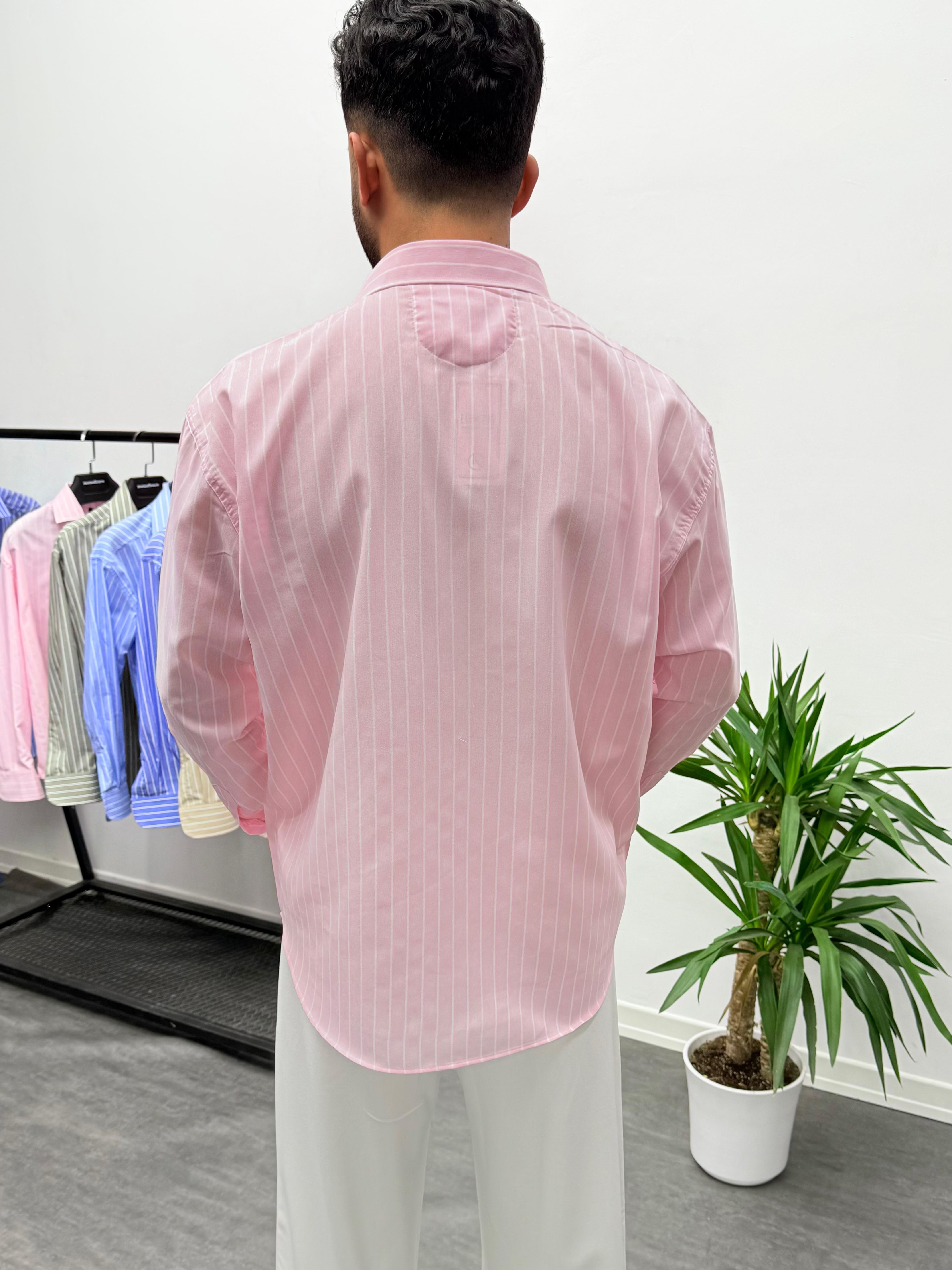 Pembe Çizgi Detaylı Keten Oversize Gömlek