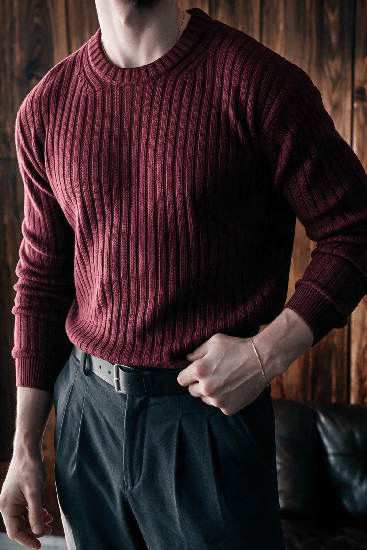 Santoro Erkek Bisiklet Yaka Regular-Fit Fitilli Triko Kazak Bordo