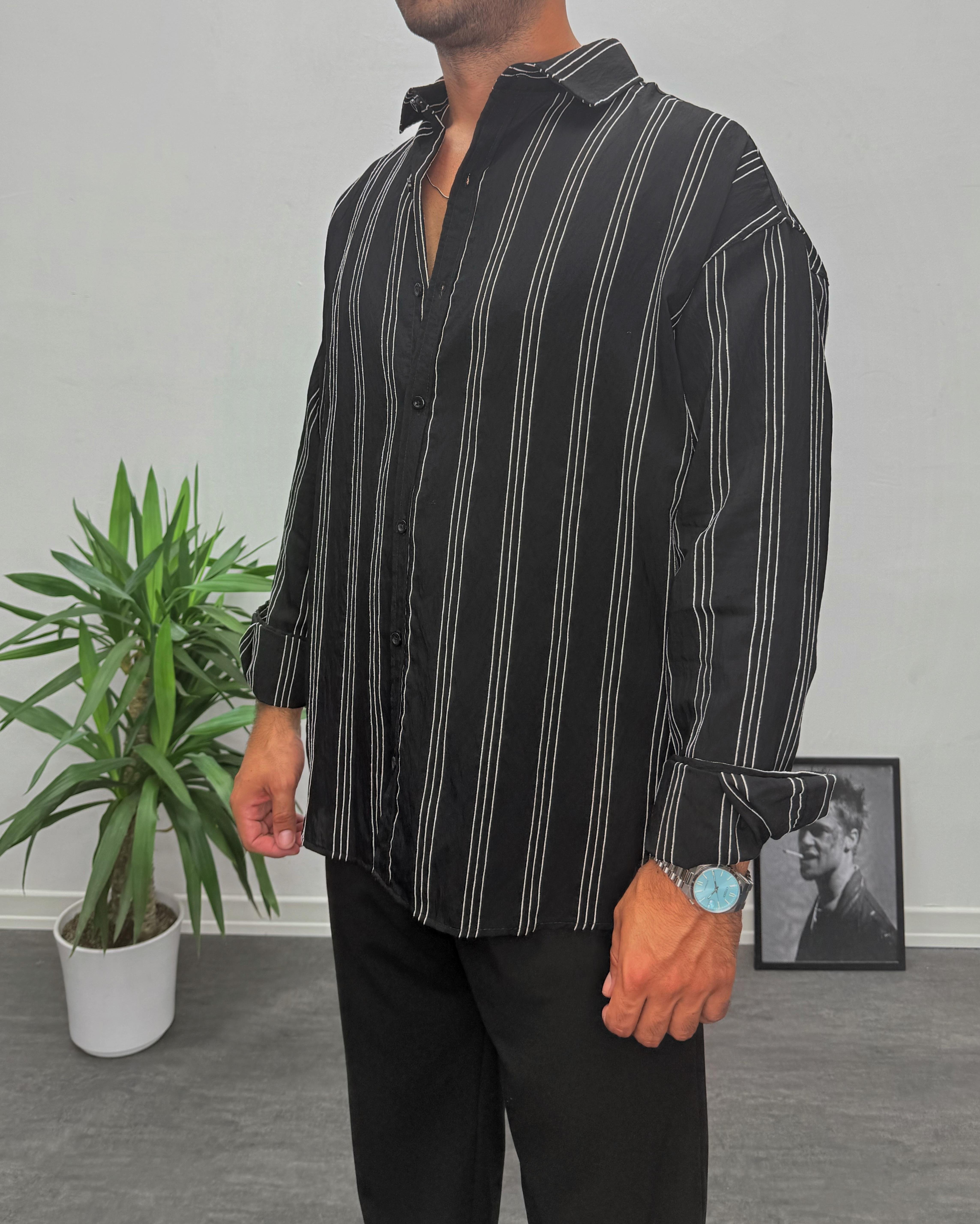 siyah Modal Kumaş Oversize Gömlek