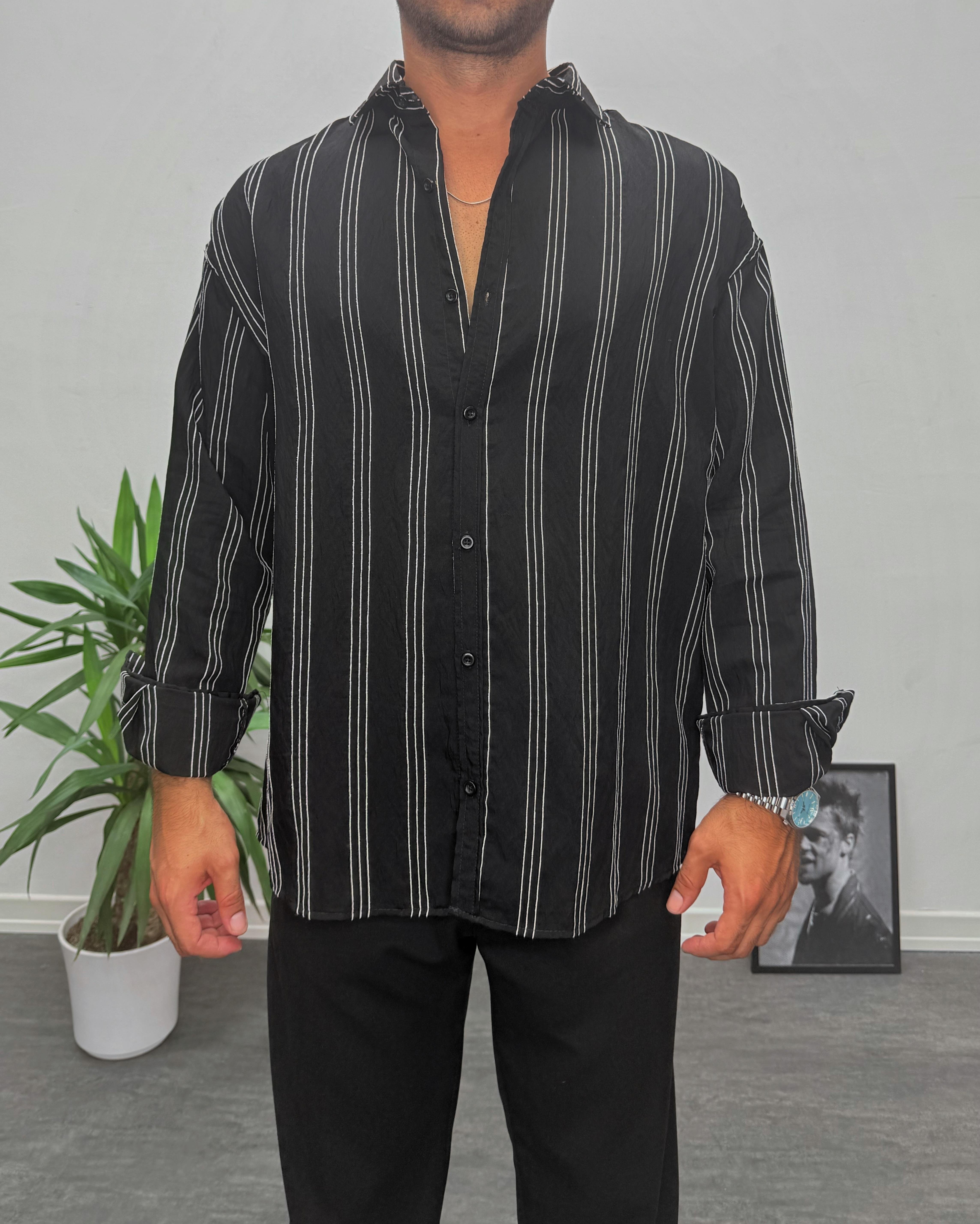 siyah Modal Kumaş Oversize Gömlek