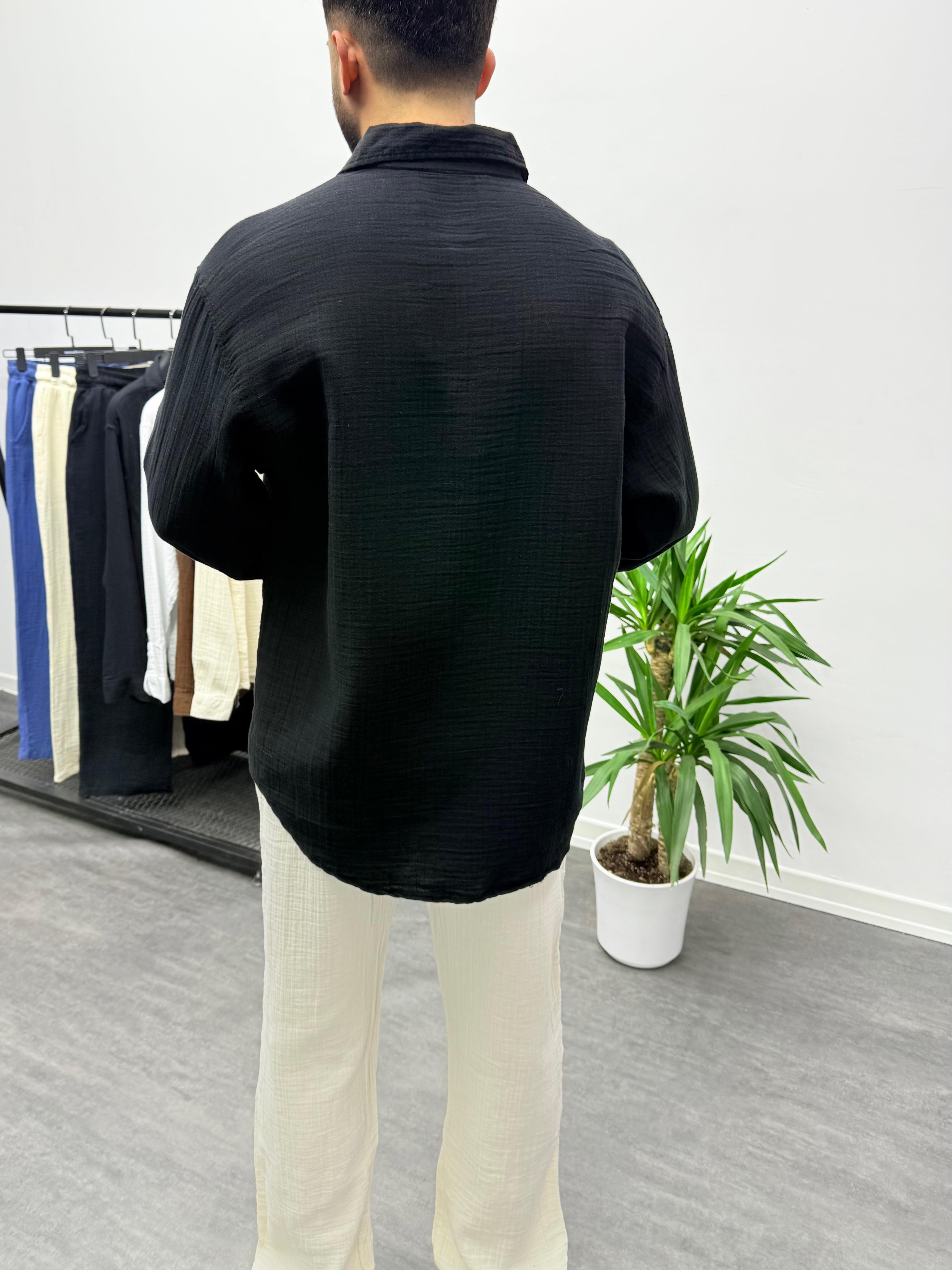 Siyah Müslin Kumaş Oversize Gömlek