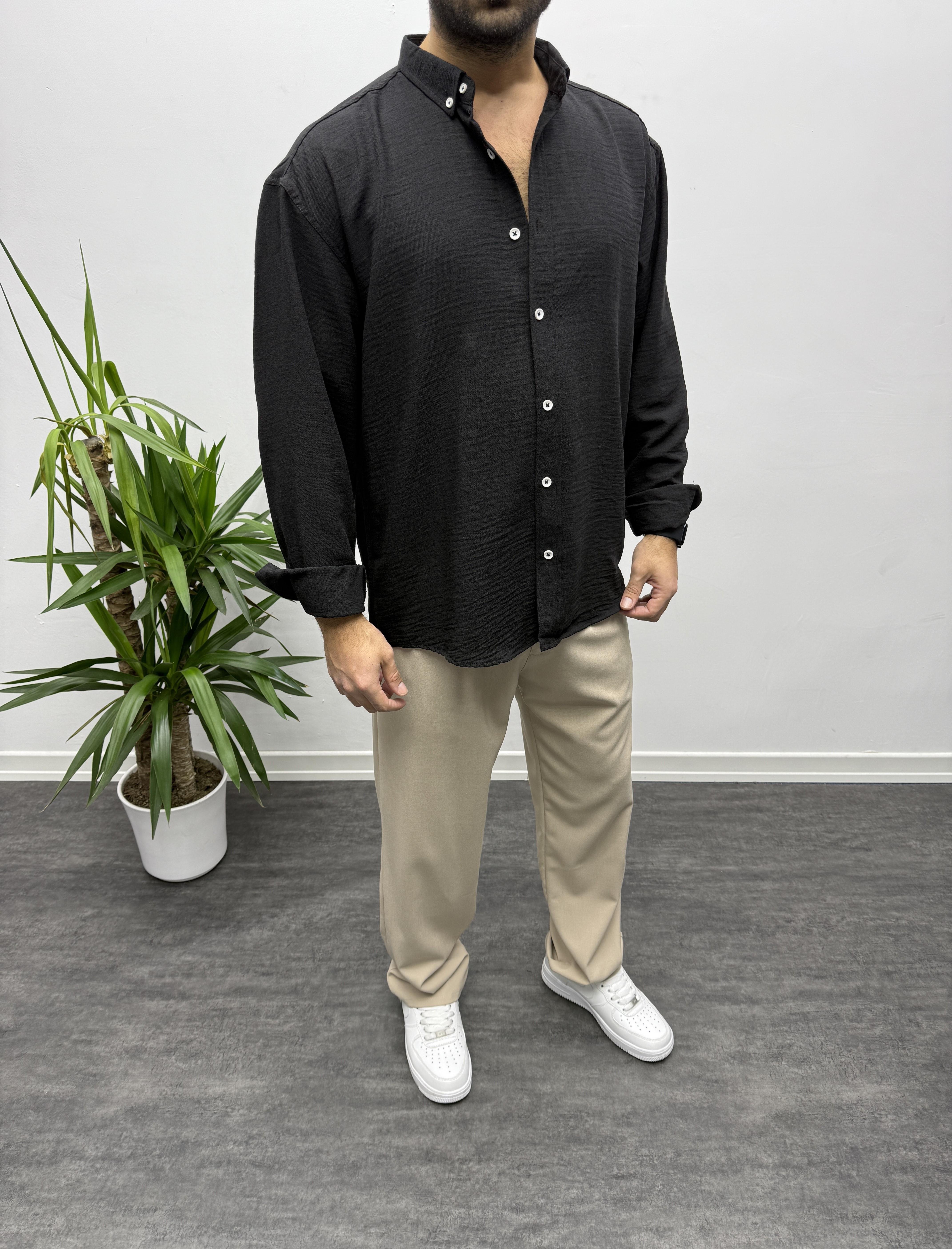 Siyah Oversize Dokulu Gömlek