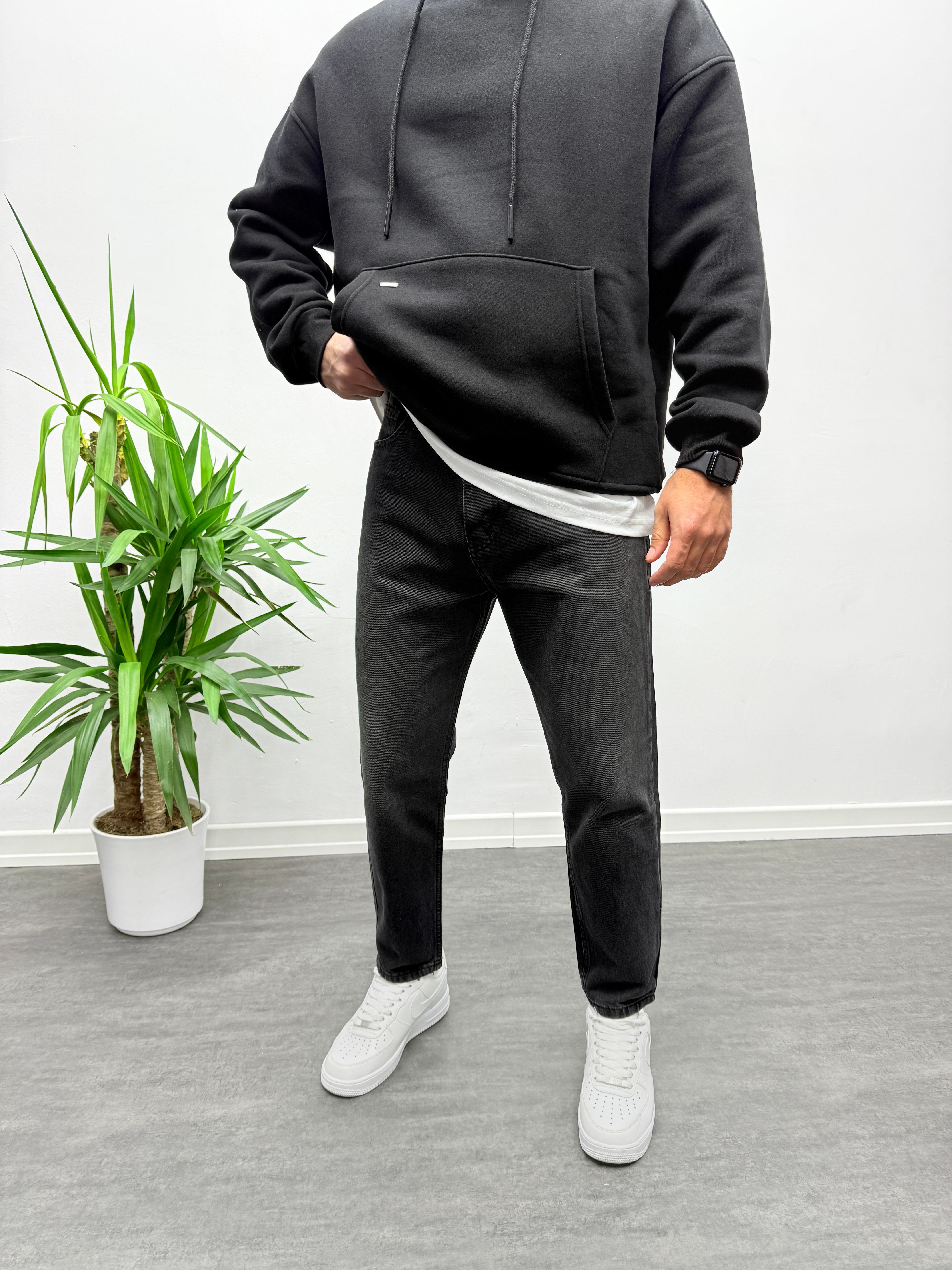Siyah Yıkamalı Boyfriend Jean Pantolon