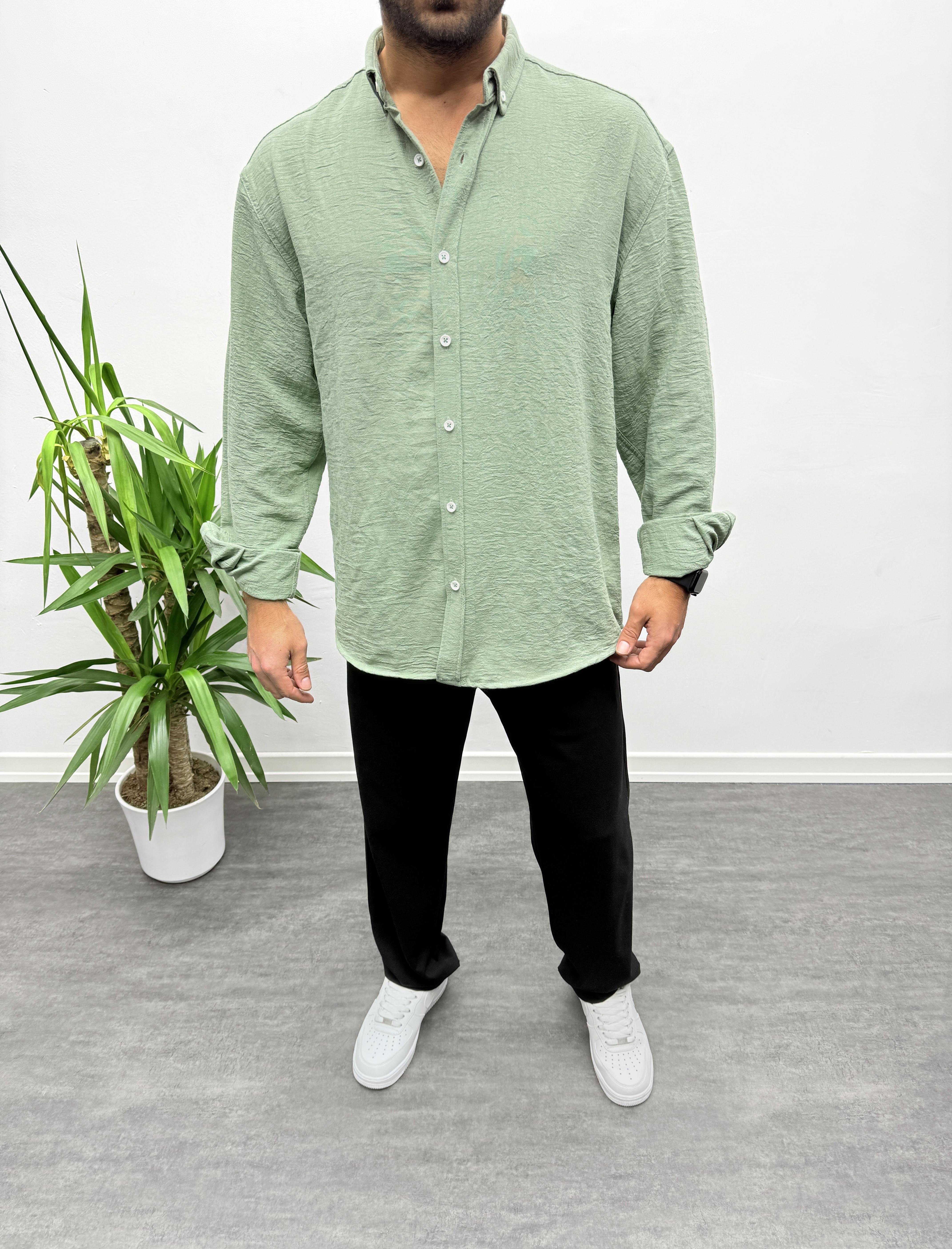 Su Yeşili Oversize Dokulu Gömlek
