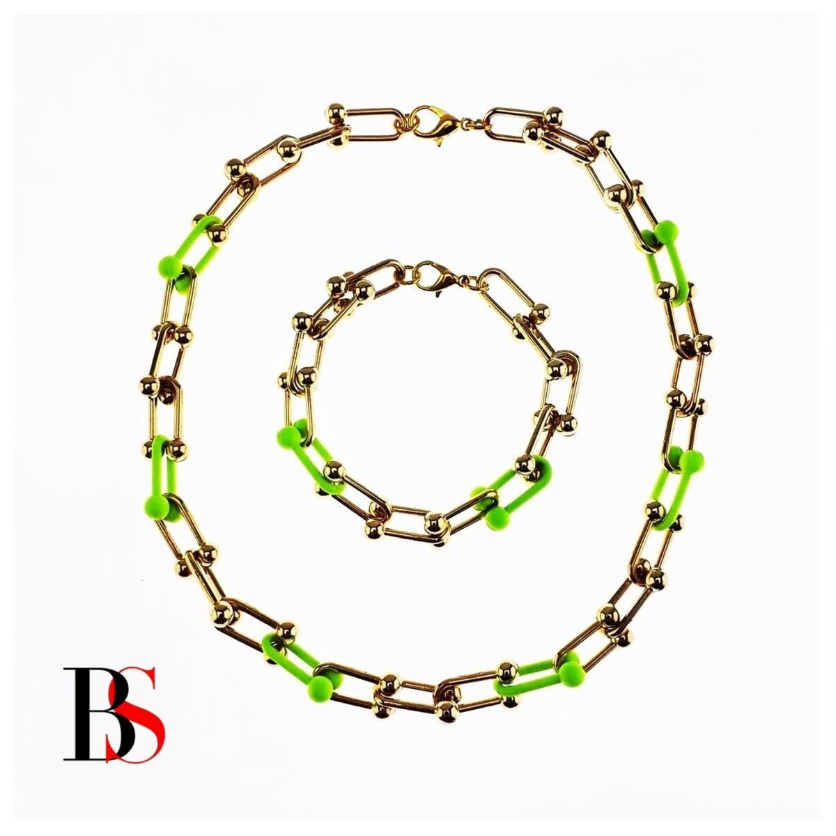 Altın Kaplama Sarı & Yeşil Neon Kadın Ikili Kolye & Bileklik Set