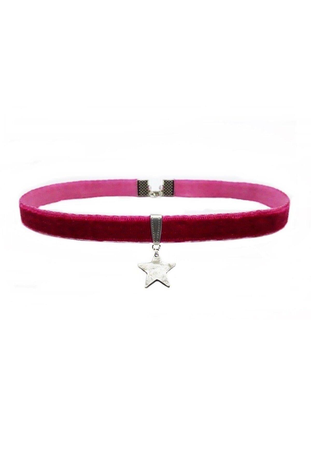 Fuşya Renk Kadife Kadın Yıldız Choker Kolye