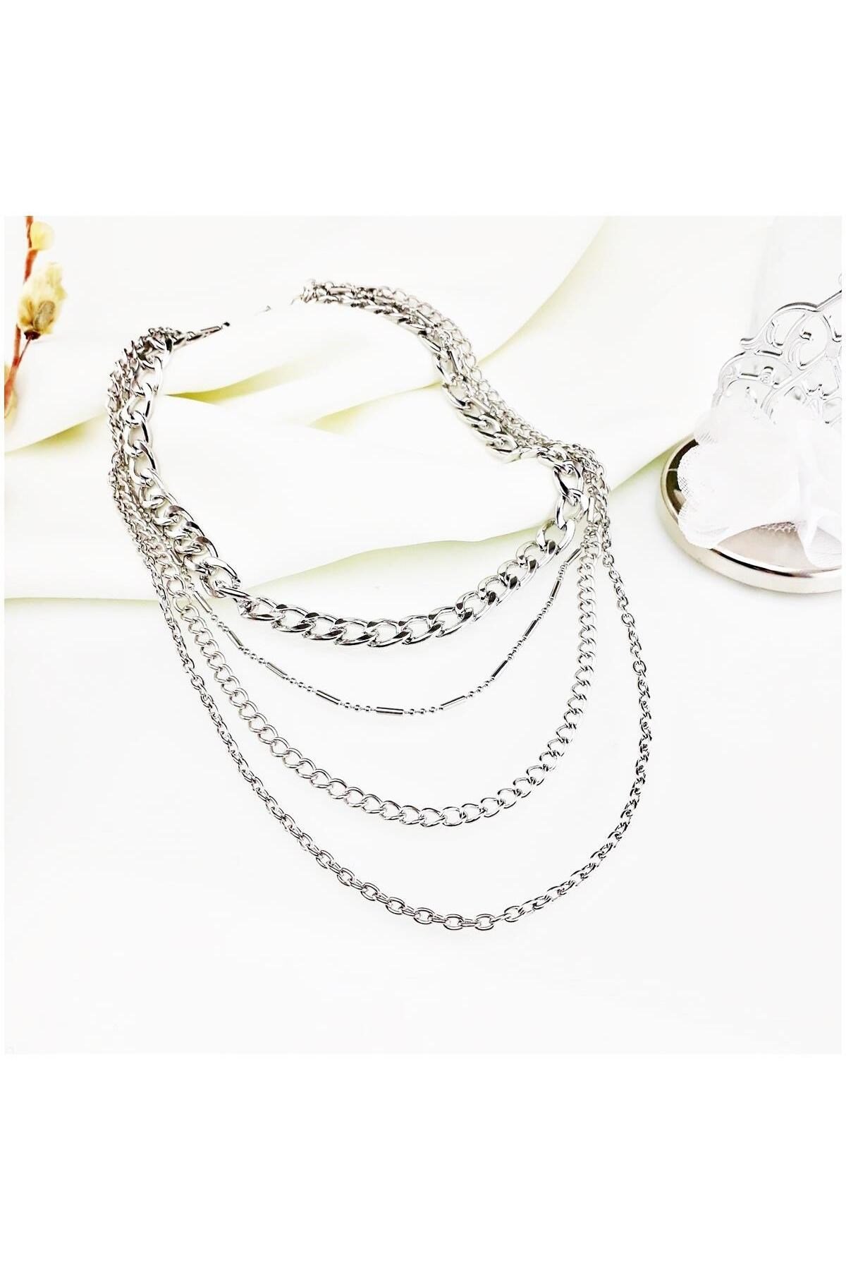 Gümüş Kaplama Kadın Çoklu Choker Kolye