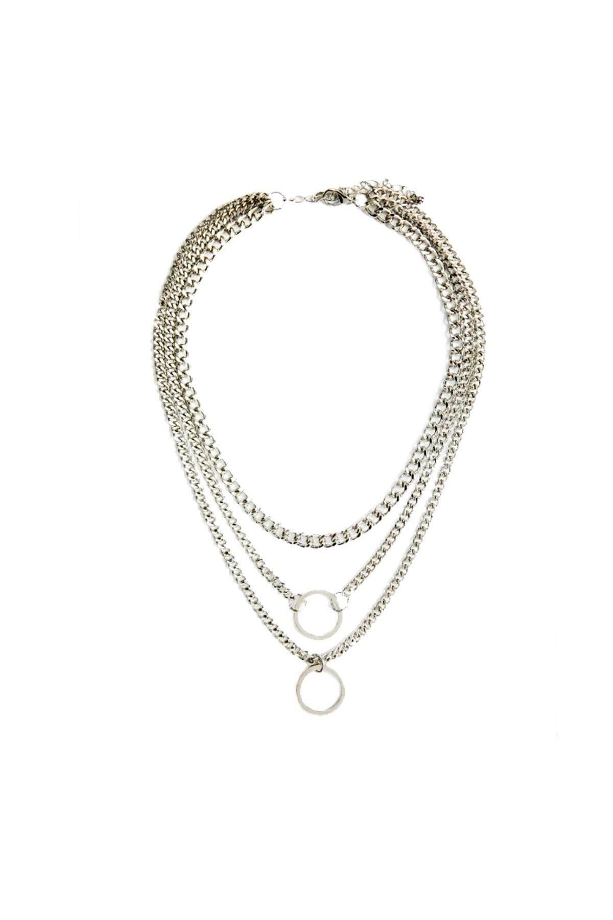 Gümüş Renk Çoklu Kadın Choker & Round Kolye