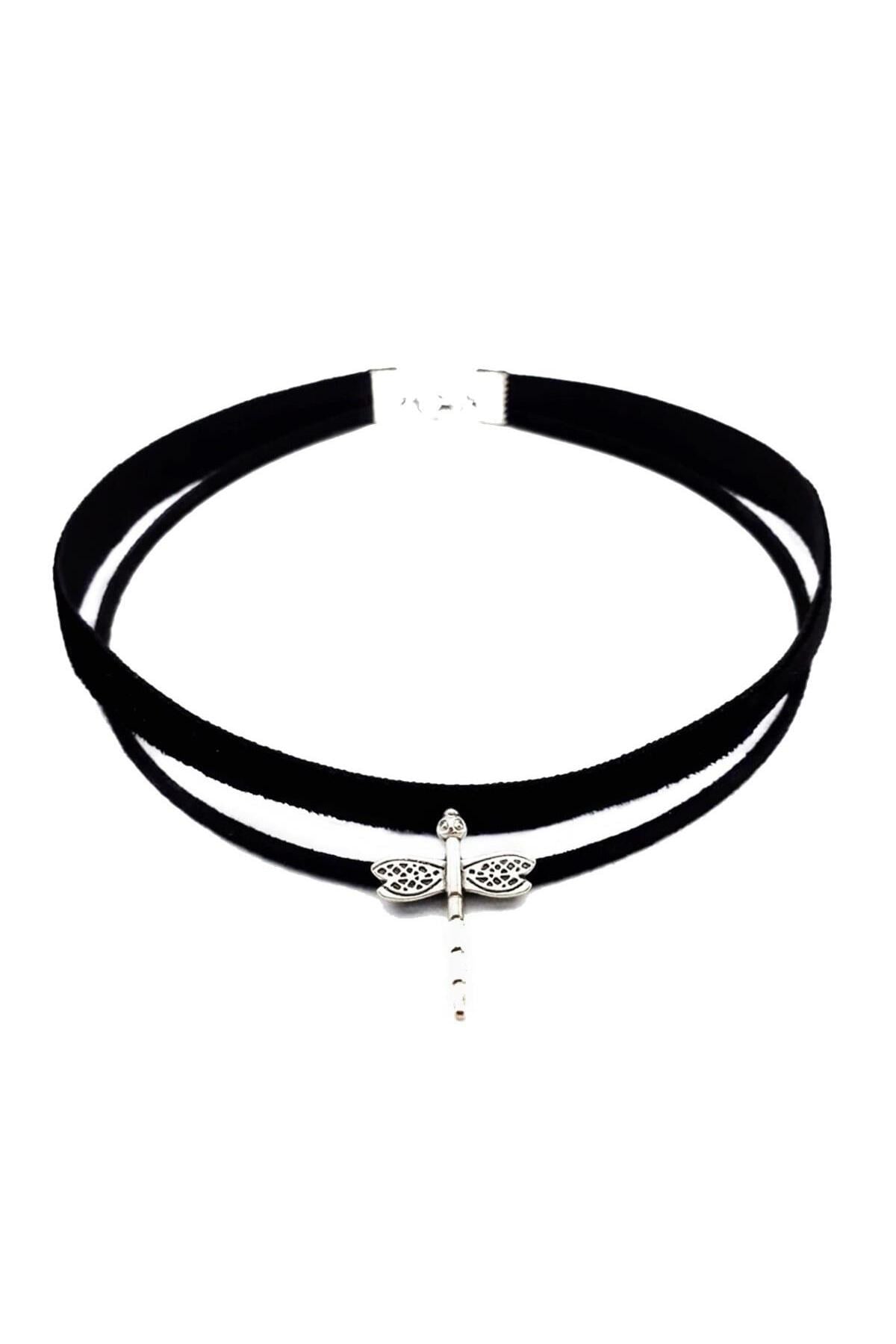 Gümüş Renk Yusufcuk Siyah Kadife -Süet Kadın Choker Tasma Kolye