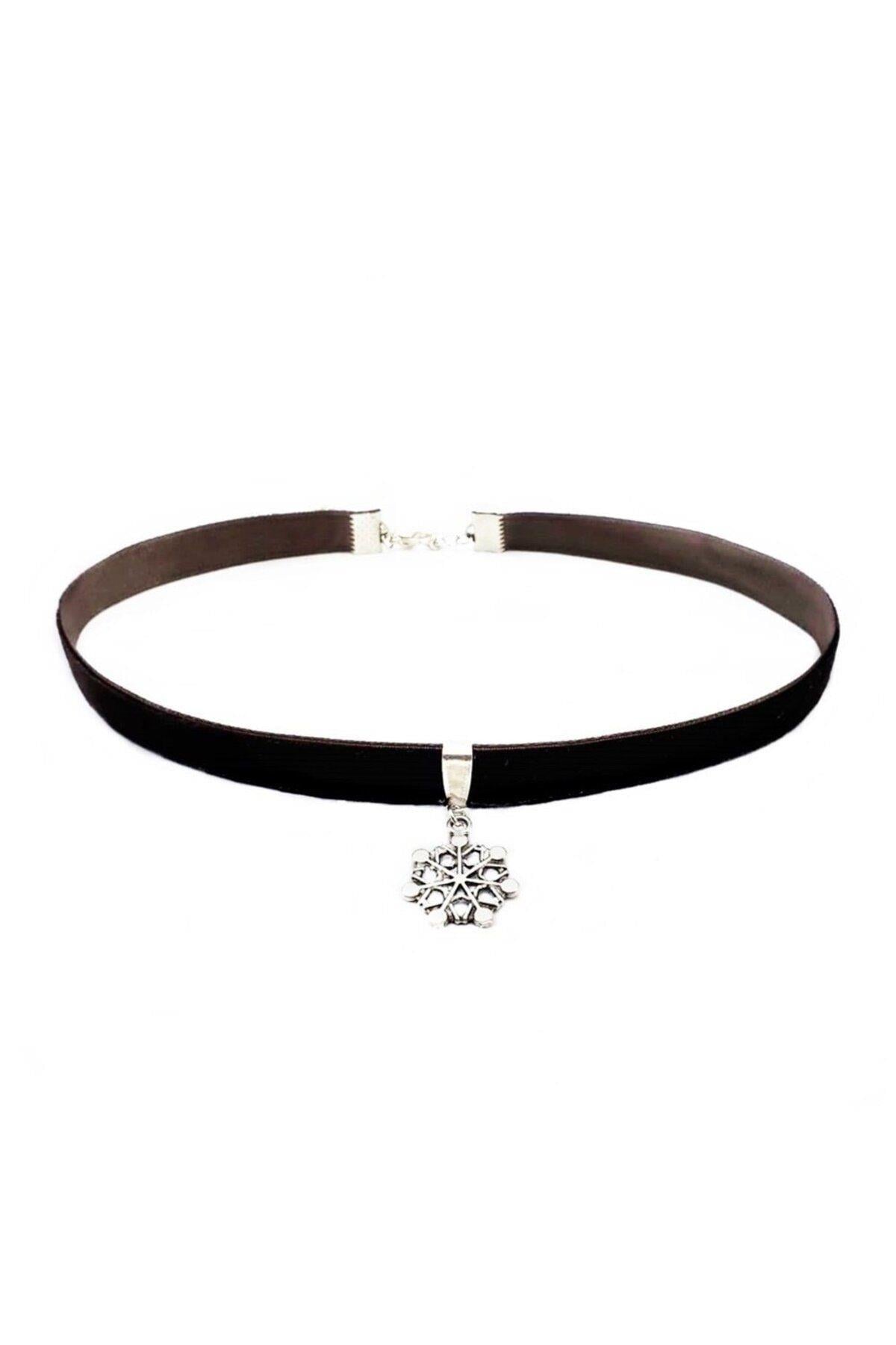 Kahverengi Kadife Kadın Kar Tanesi Choker Kolye