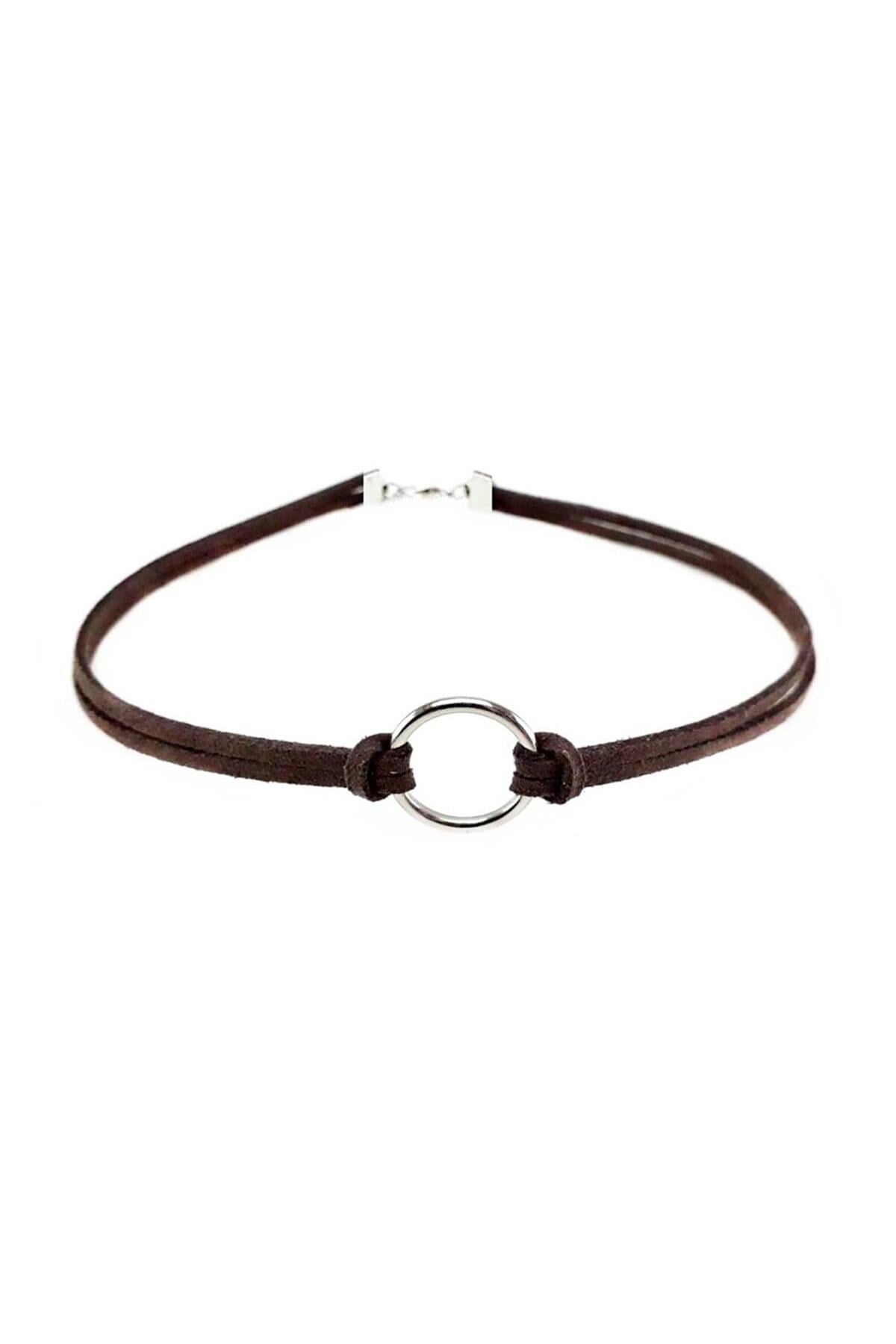 Kahverengi Kadın Süet Round Choker