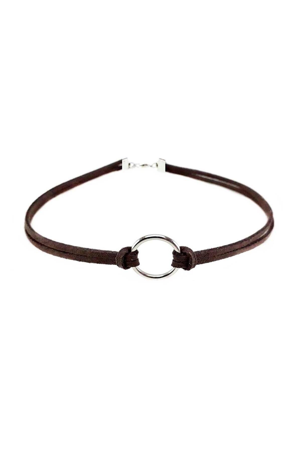 Kahverengi Kadın Süet Round Choker