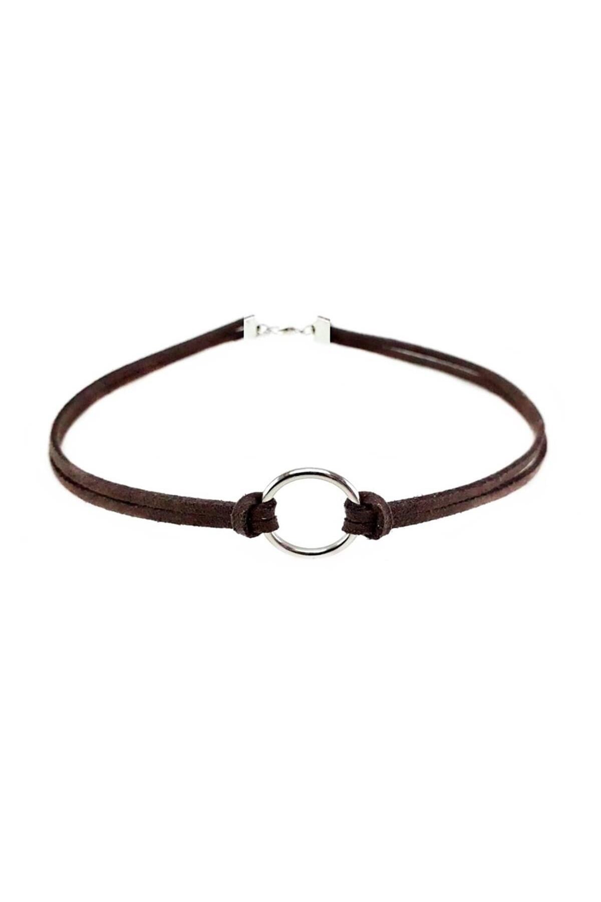 Kahverengi Kadın Süet Round Choker