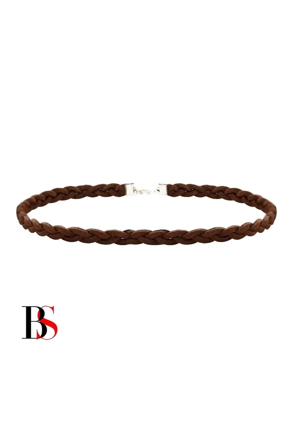Kahverengi Süet Saç Örgülü Kadın Choker