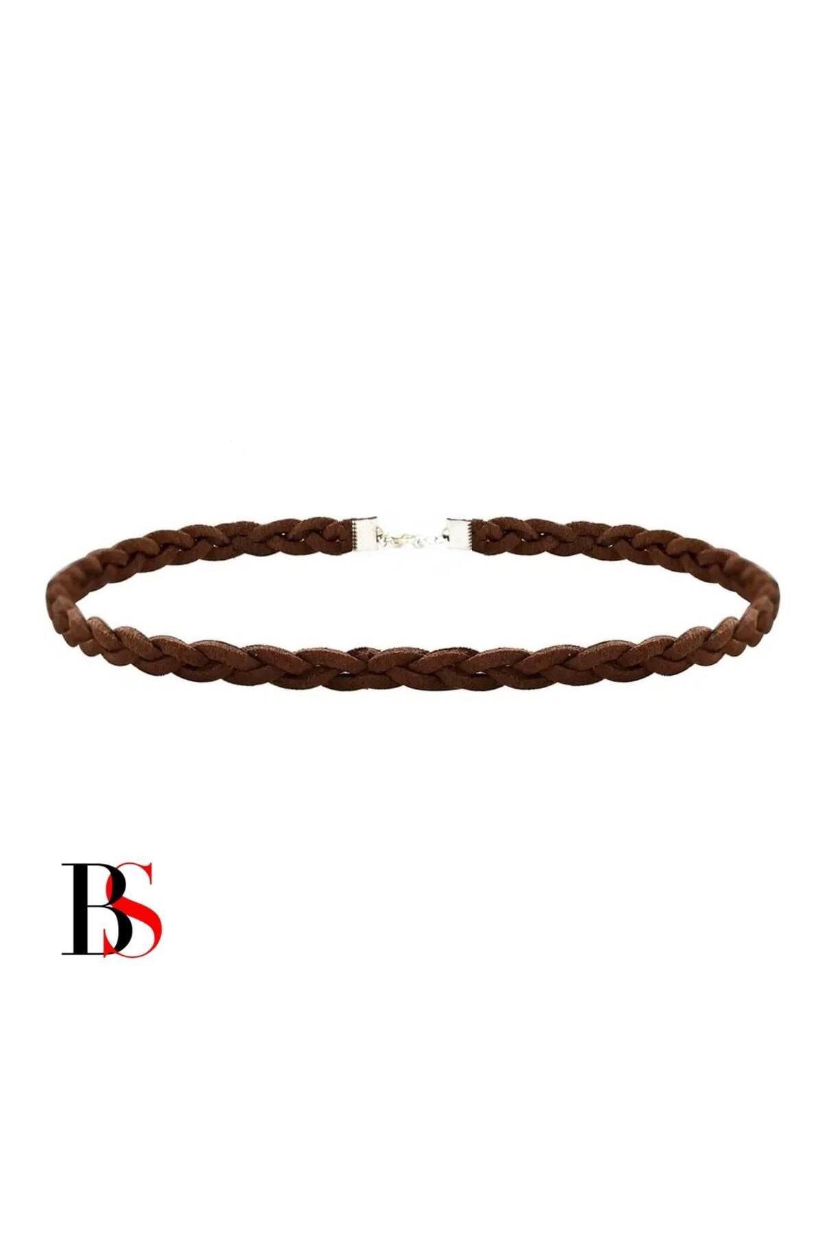 Kahverengi Süet Saç Örgülü Kadın Choker