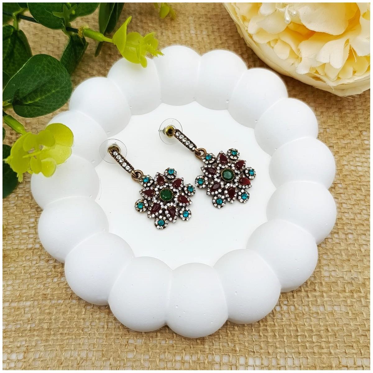 Kırmızı - Mavi - Yeşil Akik Retro Bronz Kadın Küpe