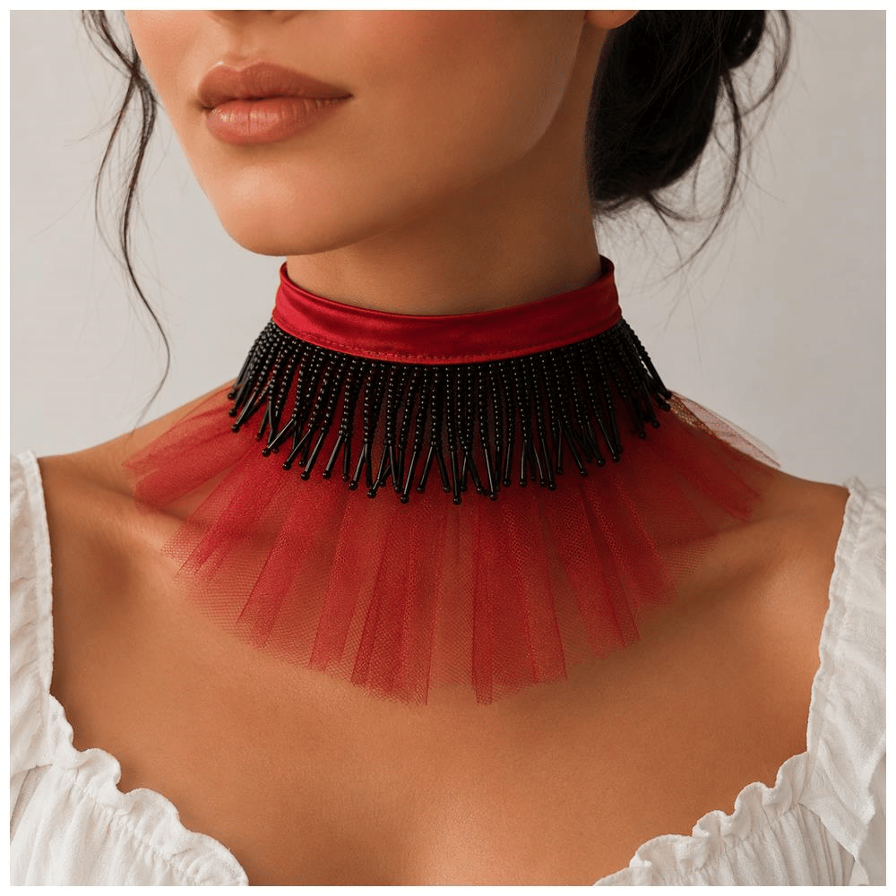 Kırmızı Organze Tül - Saten - Siyah El İşi Boncuk Kadın Choker 