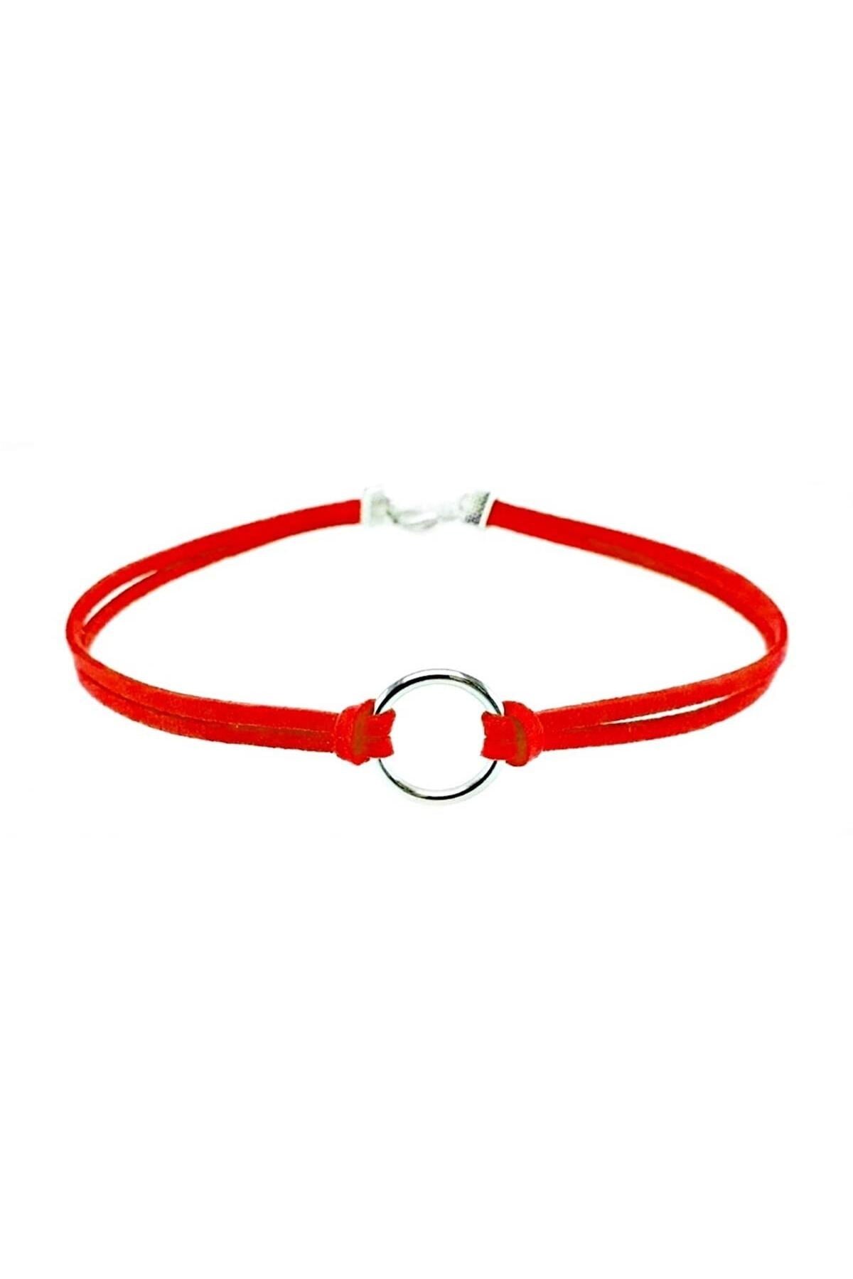 Kırmızı Renk Kadın Süet Round Choker