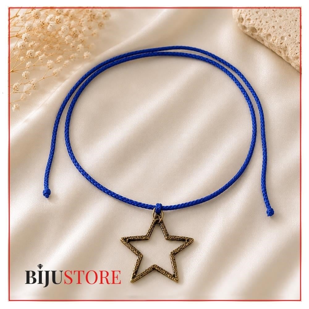 Mavi Makrome İp - Antik Sarı Yıldız Kadın Choker