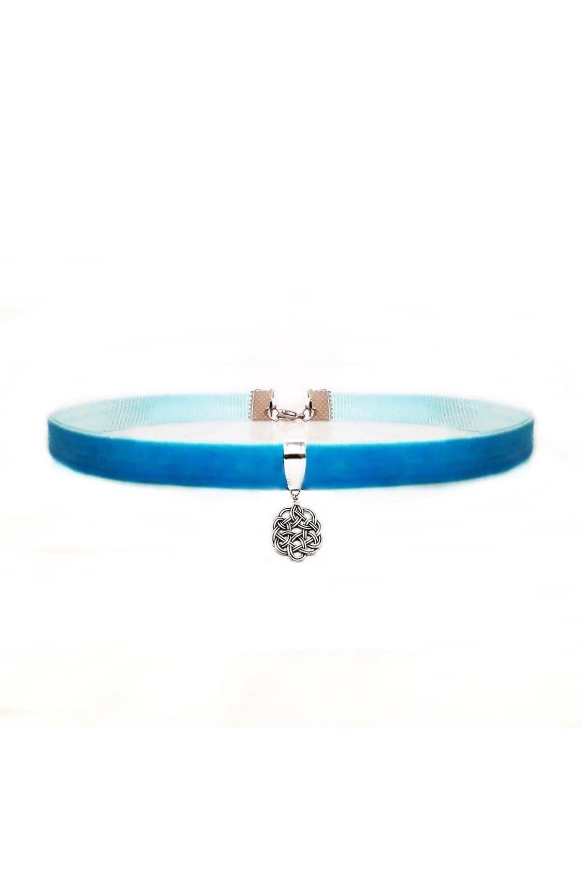 Mavi Renk Kadife Aşk Düğümü Choker Kolye