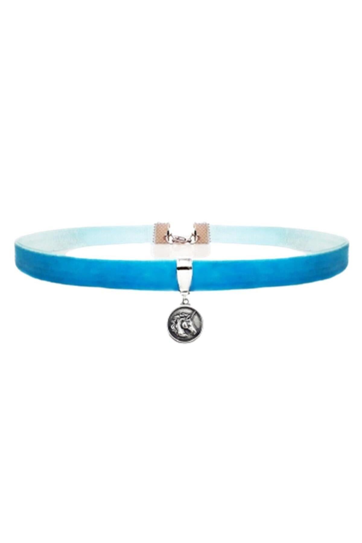 Mavi Renk Kadife Unicorn Choker Kolye